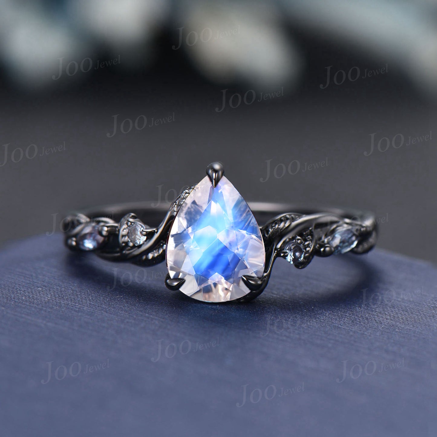 14K Black Gold Engagement Ring Set 1.25ct Pear Natural Moonstone Alexandrite Wedding Ring Nature Inspired Moonstone Jewelry Gifts for Women