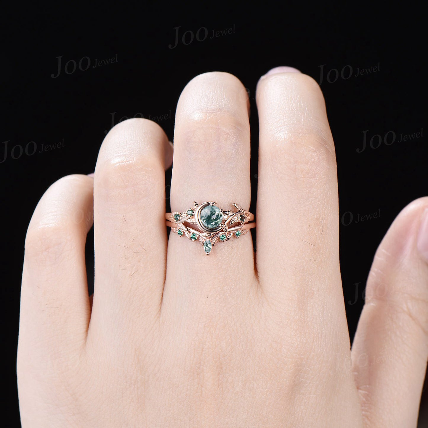Nature Inspired Natural Green Moss Agate Emerald Ring Set Vintage 5mm Round Moss Agate Moon Engagement Ring Leaf Branch Bypass Wedding Ring
