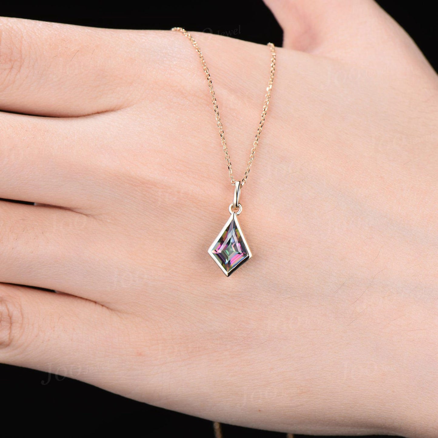 Bezel Set Mystic Topaz Necklace 1ct Kite Cut Rainbow Topaz Pendant 14K Solid Rose Gold Gemstone Unique Solitaire Bridal Necklace for Women