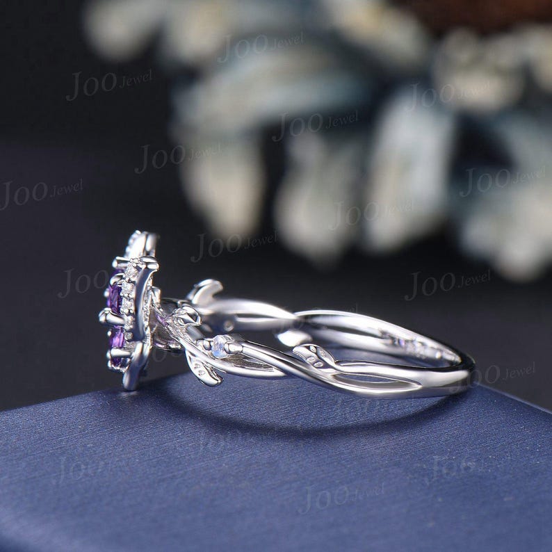 Nature Inspired Butterfly Promise Ring Pear Natural Amethyst Ring Silver Twig Vine Wedding Ring Unique February Birthstone Birthday Gifts
