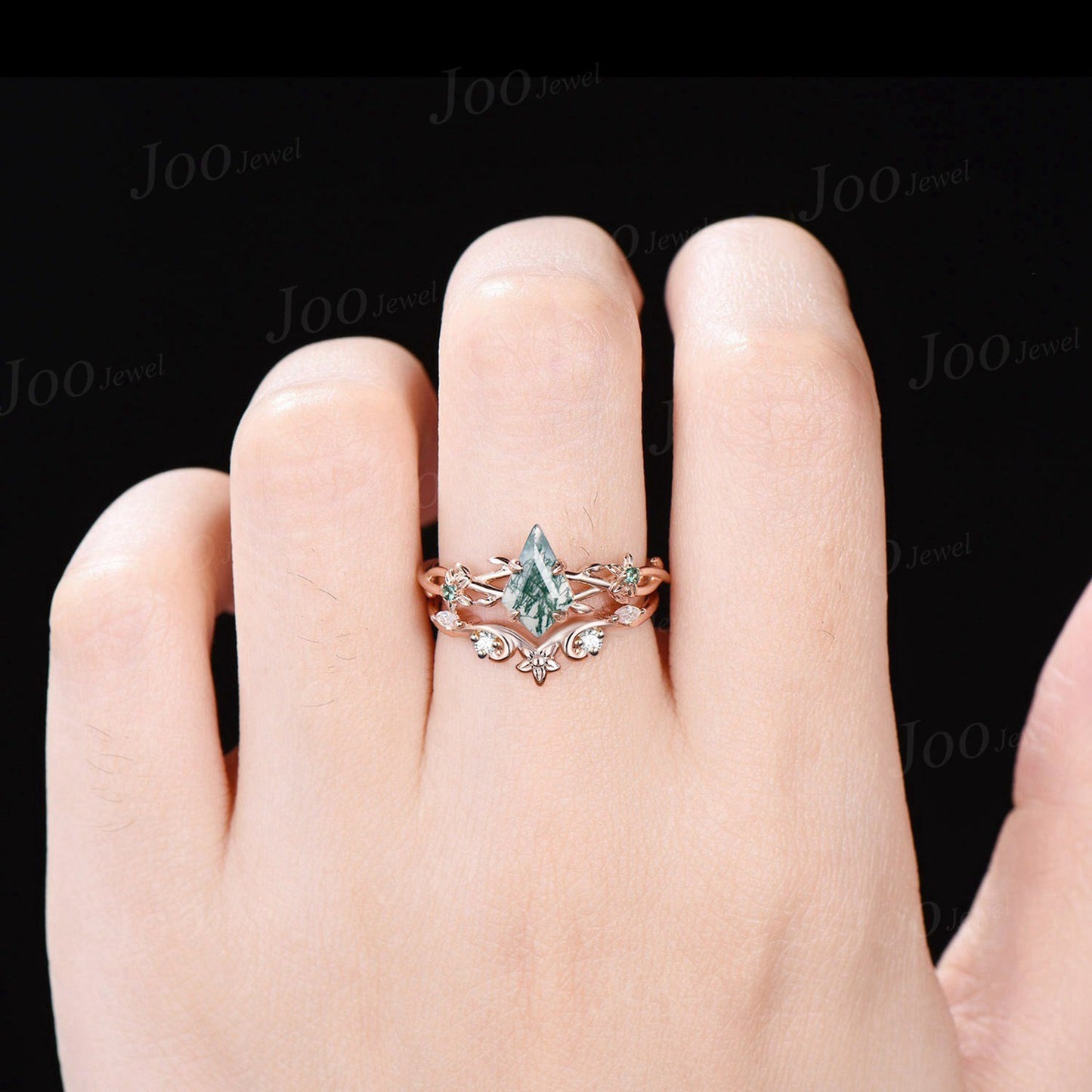 1ct Nature Inspired Floral Bridal Set Kite Moss Agate Emerald Engagement Ring Branch Twig Vine Wedding Ring Vintage Aquatic Agate Jewelry