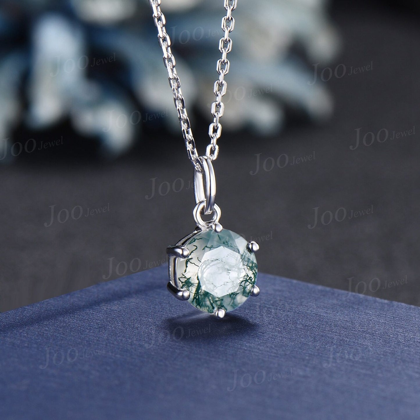 7mm Round Natural Moss Agate Necklace Silver/Solid 14k/18k Rose Gold Vintage Personalized Wedding Pendant For Women Anniversary Bridal Gifts