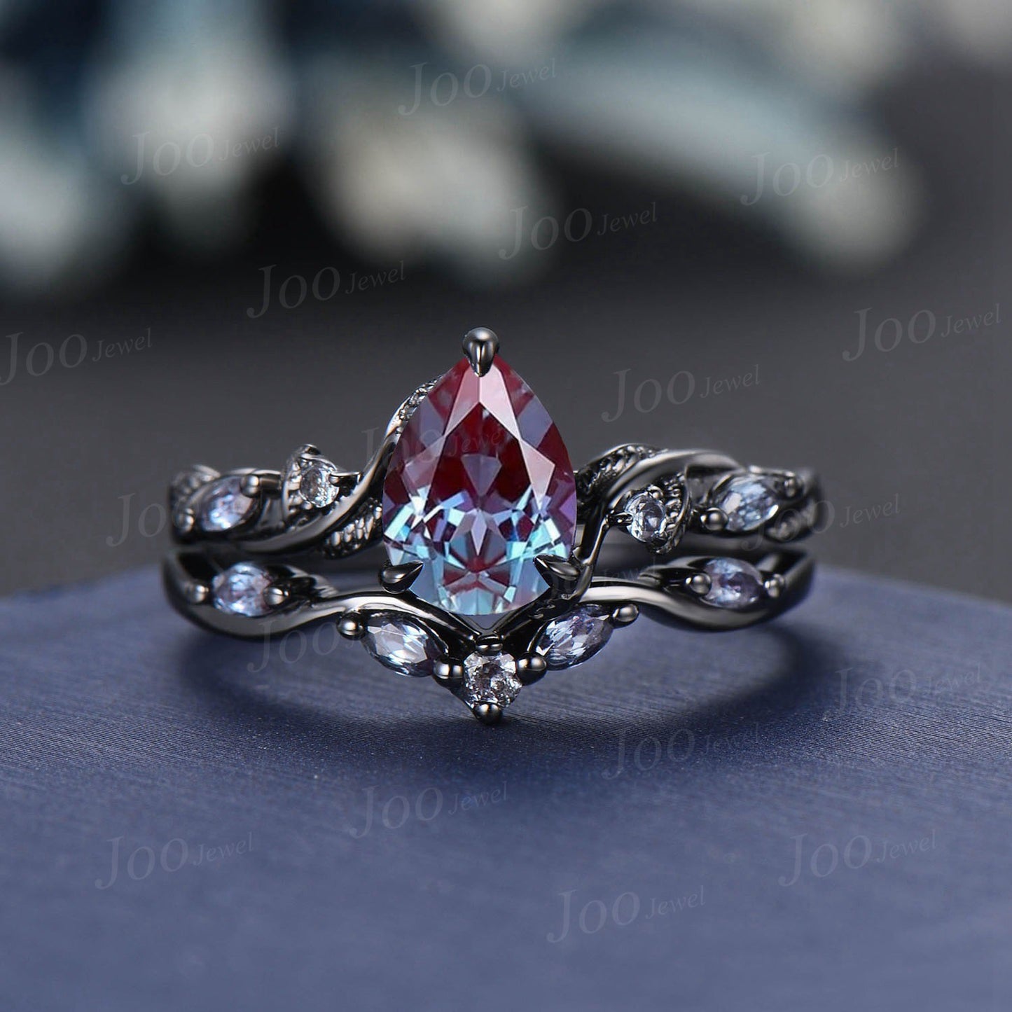 Black Ring Set Nature Inspired Color-Change Alexandrite Amethyst Bridal Set Twig Vine Pear Alexandrite Engagement Ring June Birthstone Gifts