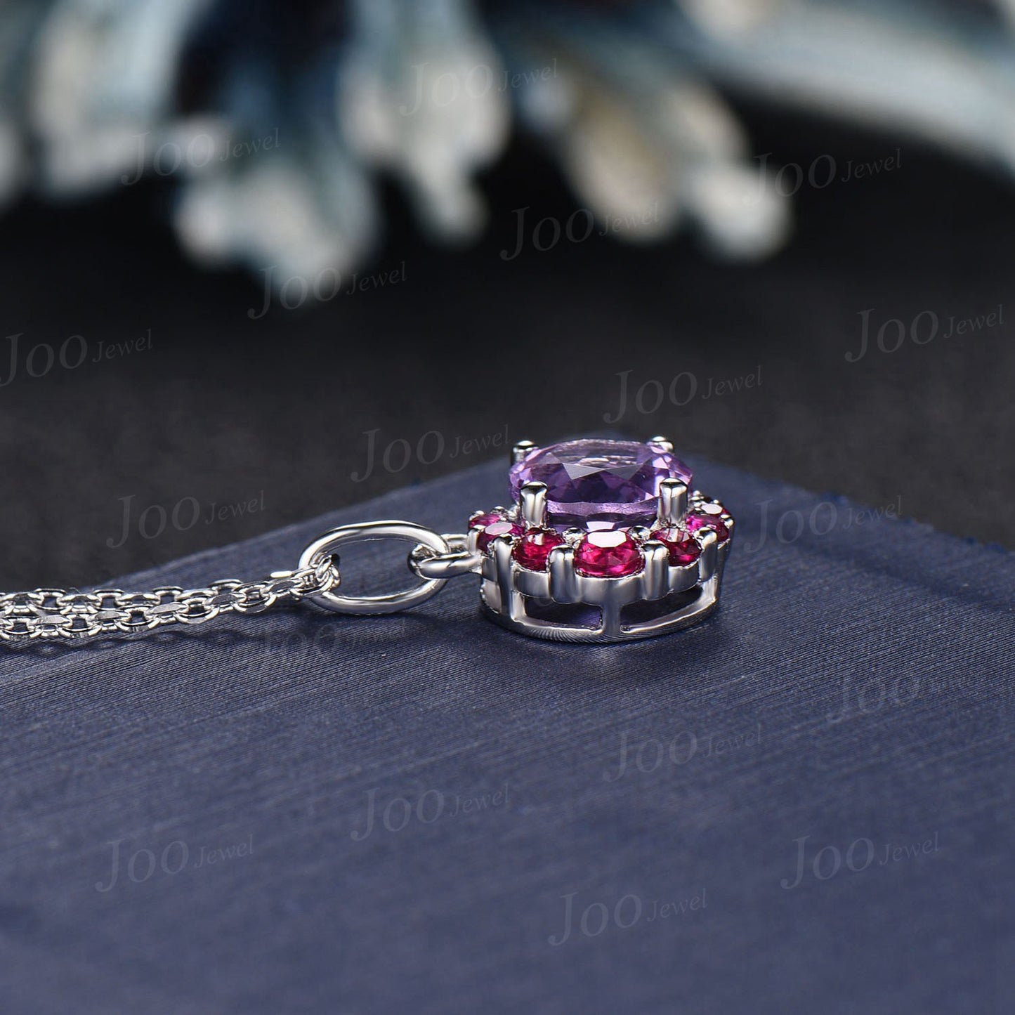 Round Cut Natural Amethyst Ruby Crystal Necklace Sterling Silver Crescent Moon Pendant Vintage February Birthstone Necklace Birthday Gifts