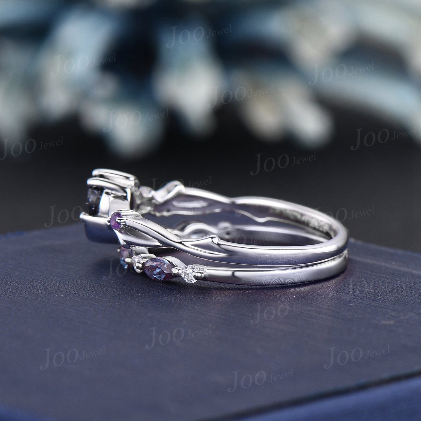 5mm Moon Star Round Galaxy Blue Sandstone Amethyst Ring Sterling Silver Twig Vine Blue Goldstone Alexandrite Bridal Set Celestial Rings Set