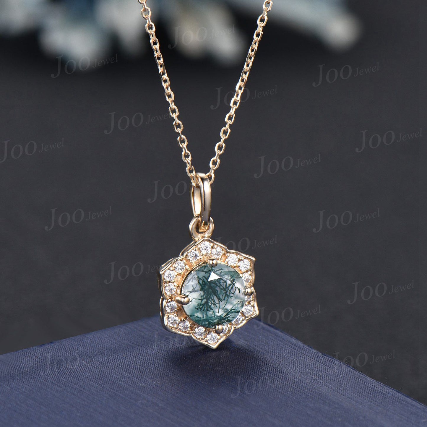 Natural Round Moss Agate Flower Necklace Solid 14k/18k Rose Gold Vintage Personalized Wedding Pendant For Women Anniversary/Bridesmaid Gifts