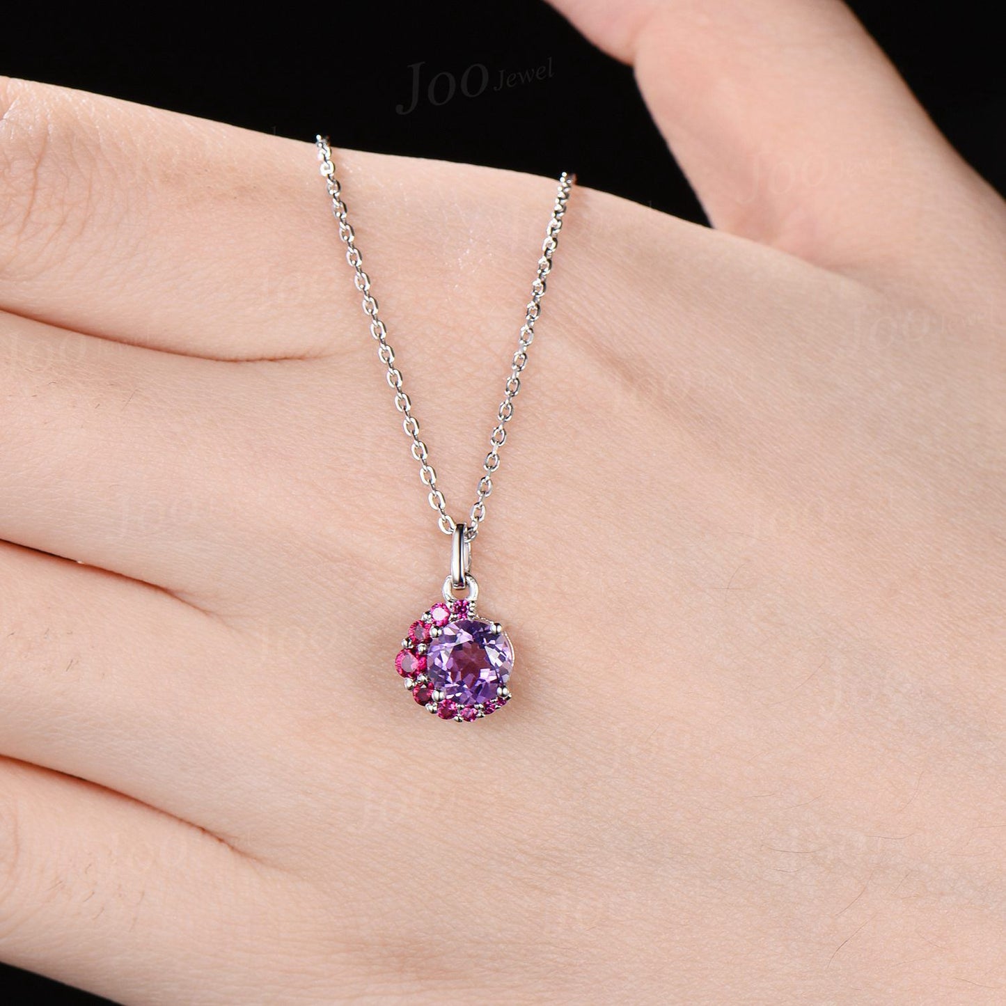 Round Cut Natural Amethyst Ruby Crystal Necklace Sterling Silver Crescent Moon Pendant Vintage February Birthstone Necklace Birthday Gifts