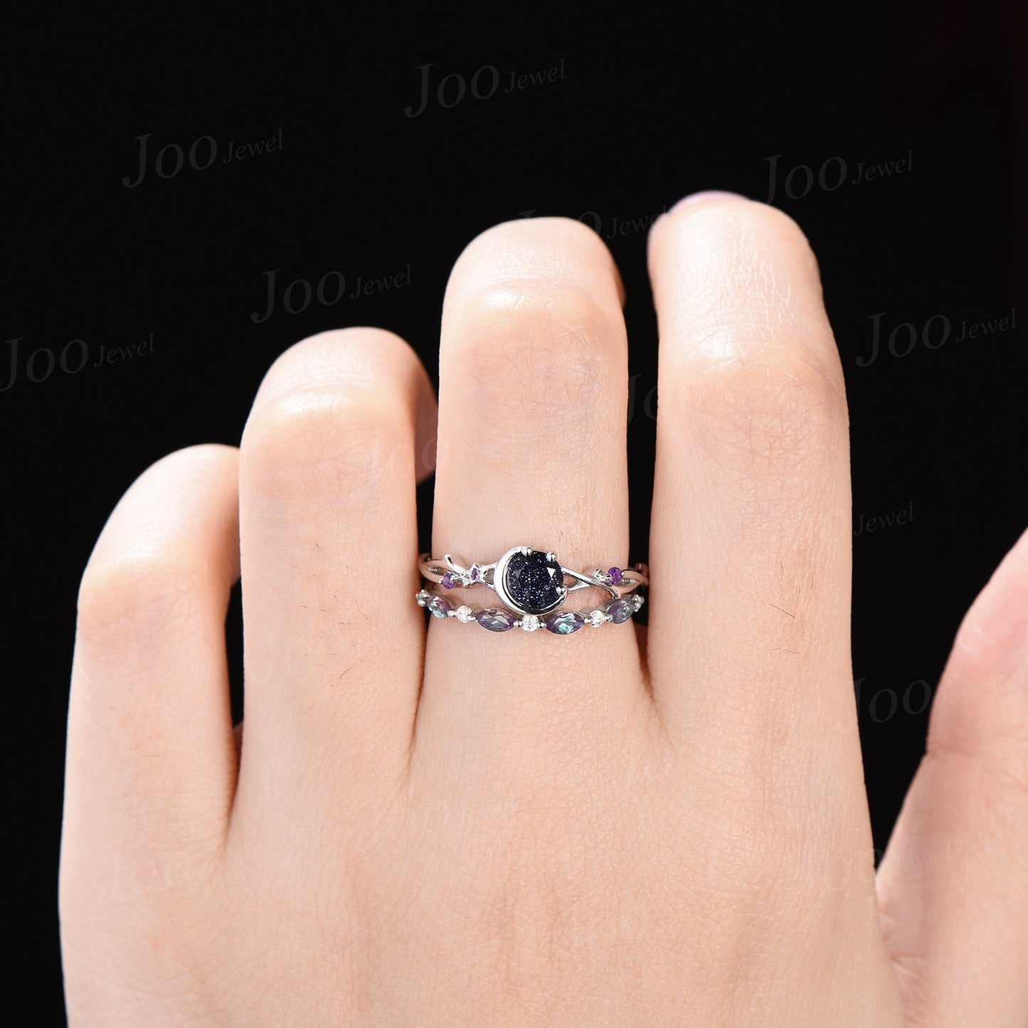 5mm Moon Star Round Galaxy Blue Sandstone Amethyst Ring Sterling Silver Twig Vine Blue Goldstone Alexandrite Bridal Set Celestial Rings Set