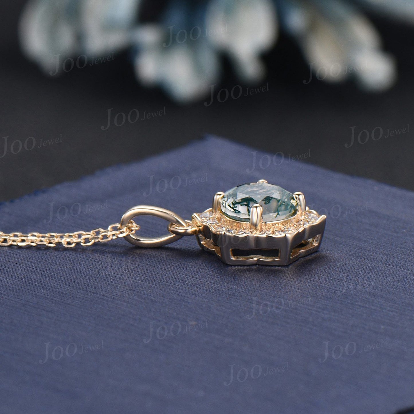 Natural Round Moss Agate Flower Necklace Solid 14k/18k Rose Gold Vintage Personalized Wedding Pendant For Women Anniversary/Bridesmaid Gifts