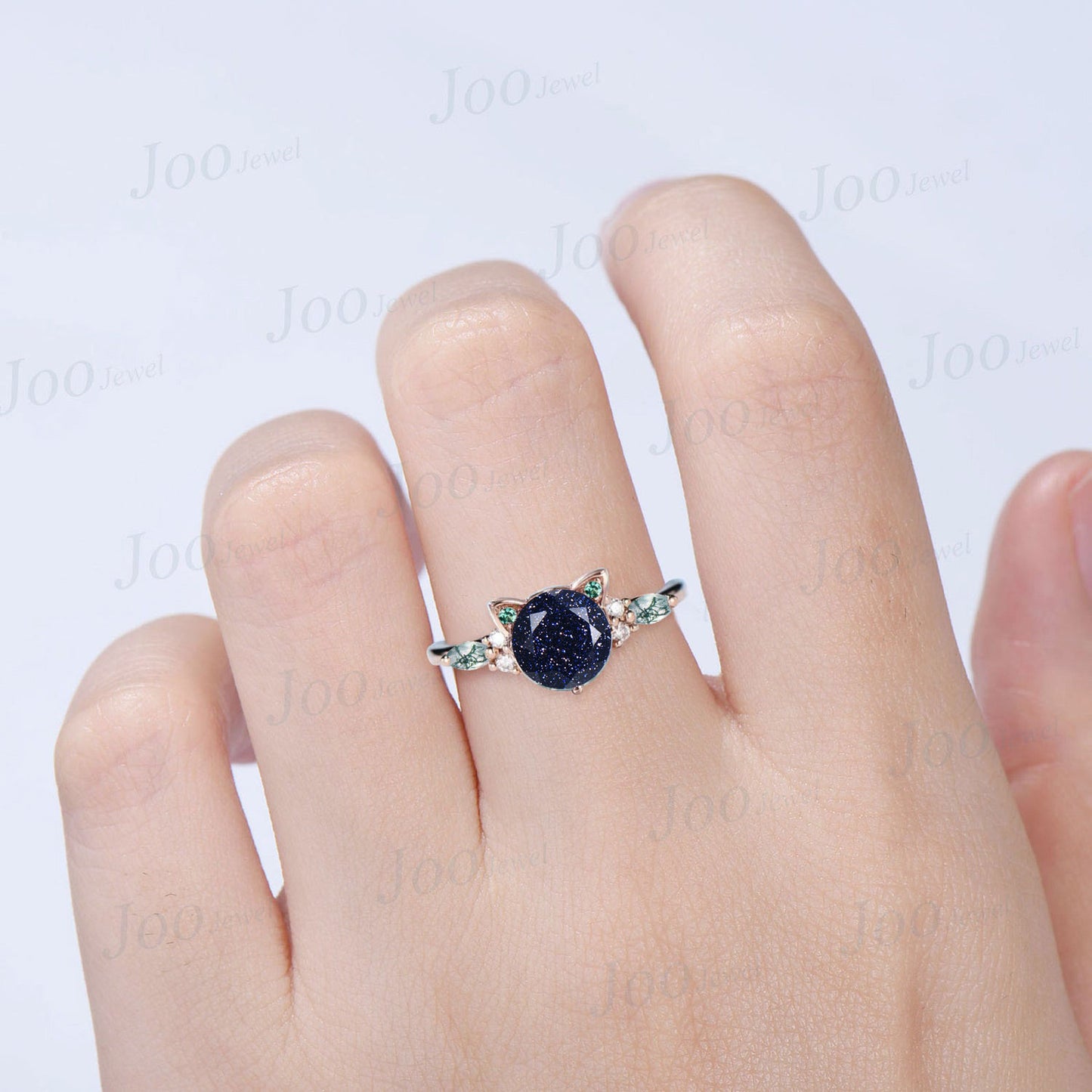 Cat Engagement Ring 1.2ct Galaxy Blue Goldstone Emerald Agate Ring Sterling Silver Round Cut Promise Wedding Ring Gifts for Kitten Cat Lover