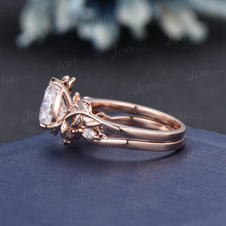 Pear Moissanite Engagement Ring Set 10K Rose Gold Teardrop Moissanite Wedding Ring Nature Inspired Ring Diamond Bridal Set