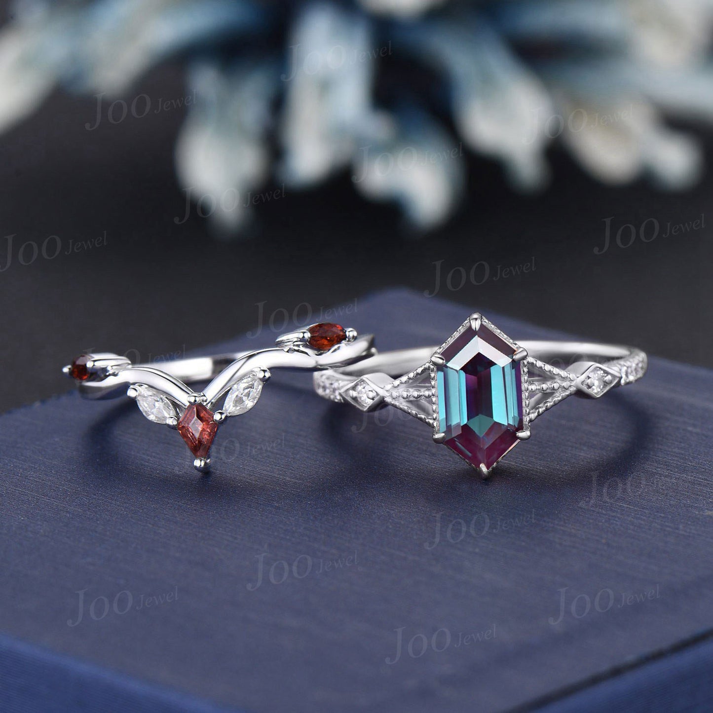 Retro Long Hexagon Alexandrite Ring Set,Vintage Unique Sterling Silver Alexandrite Ruby Ring,Promise Ring,Anniversary Bridal Ring for Women