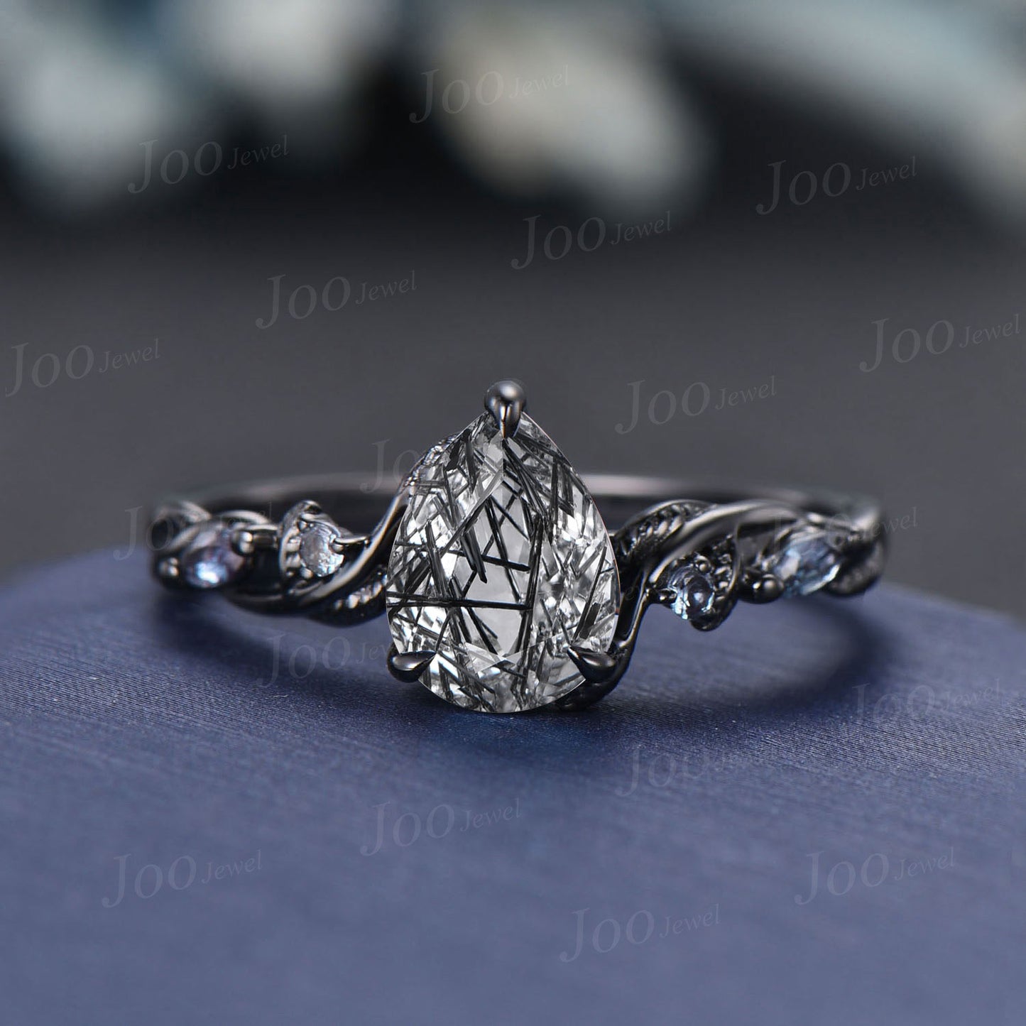 Twisted Twig Vine Natural Black Rutilated Quartz Alexandrite Ring Set Art Deco 14K Black Gold Pear Engagement Ring Leaf Black Crystal Ring