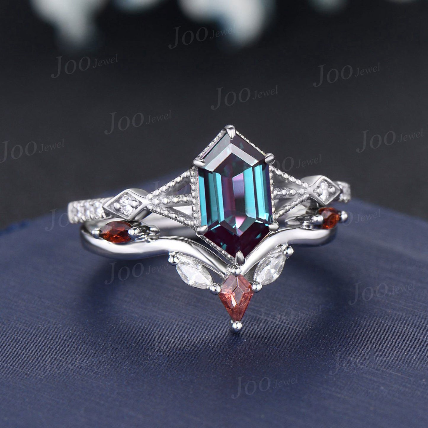 Retro Long Hexagon Alexandrite Ring Set,Vintage Unique Sterling Silver Alexandrite Ruby Ring,Promise Ring,Anniversary Bridal Ring for Women