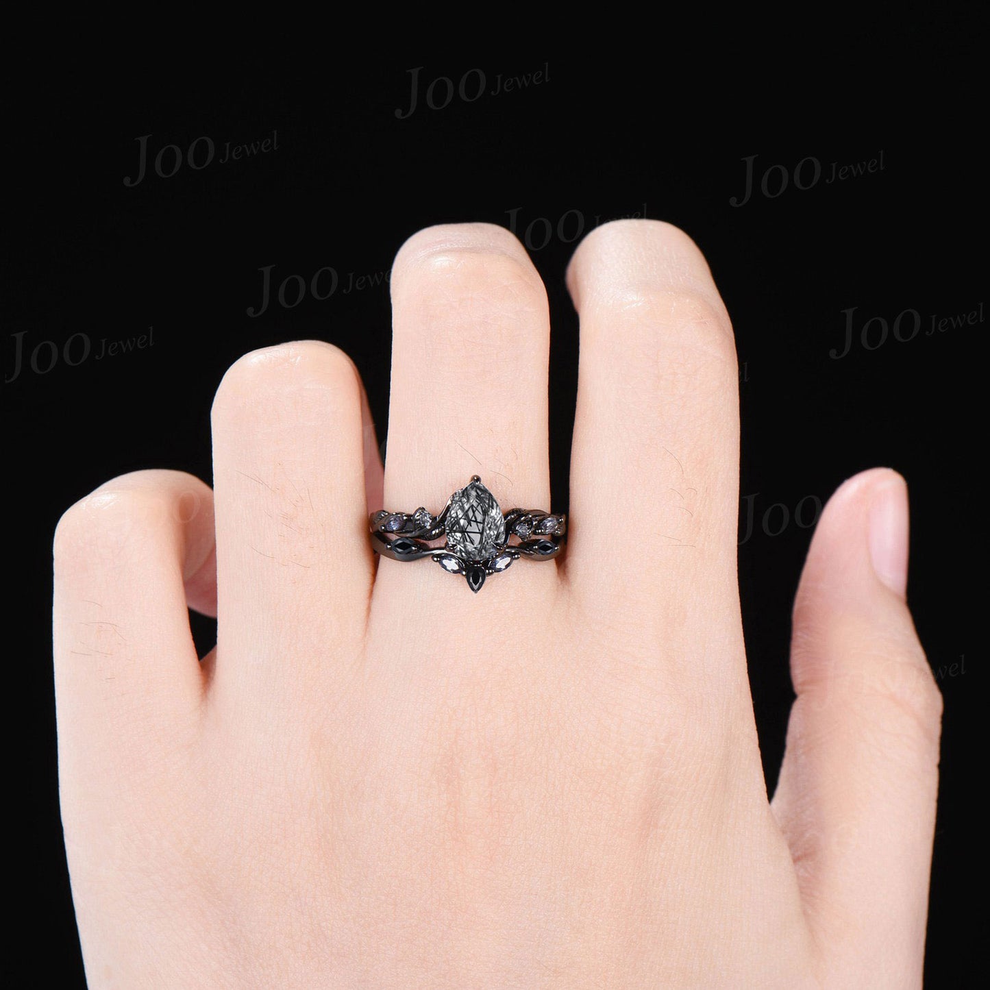 Twisted Twig Vine Natural Black Rutilated Quartz Alexandrite Ring Set Art Deco 14K Black Gold Pear Engagement Ring Leaf Black Crystal Ring