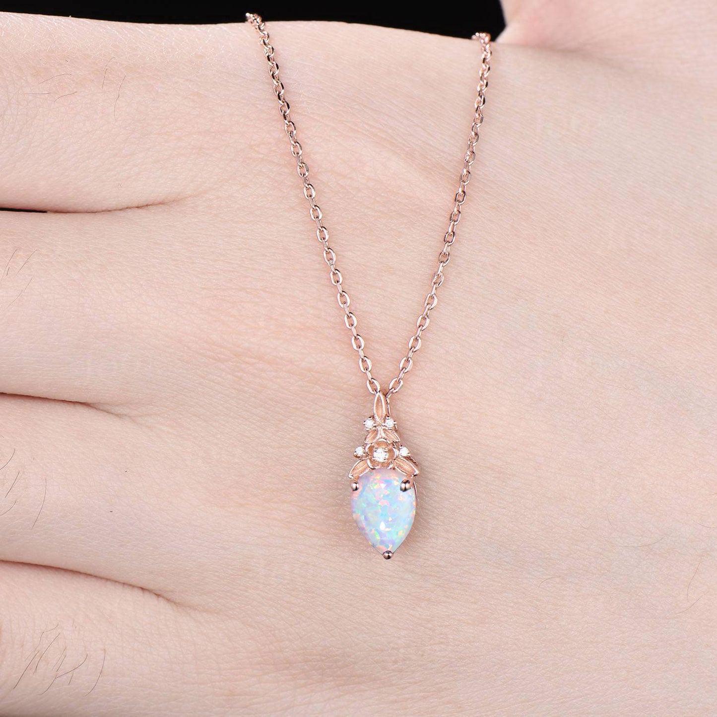 Teardrop Cut White Fire Opal Necklace Solid 14k/18k Rose Gold Branch Floral Pendant for Women Dainty Anniversary Bridal Gift Mother Jewelry