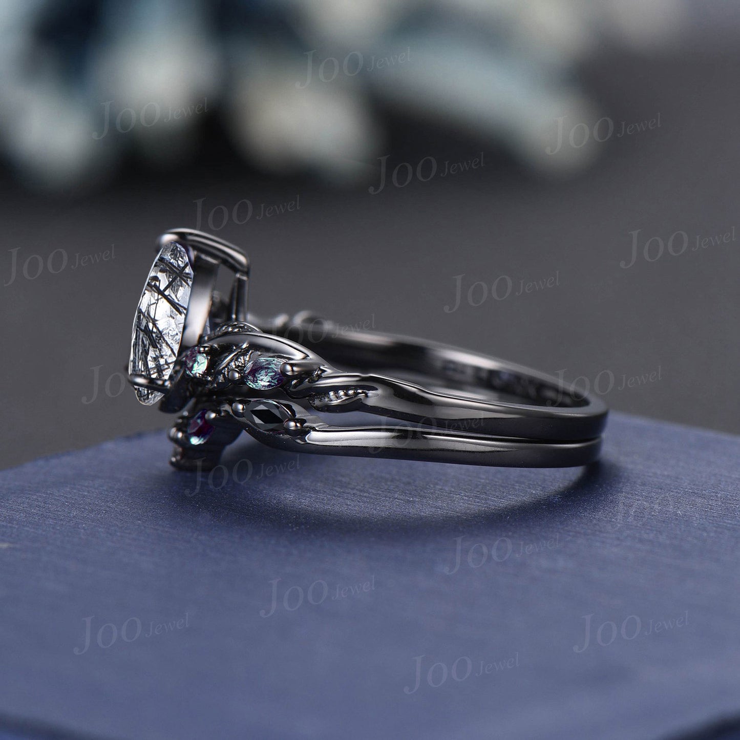Twisted Twig Vine Natural Black Rutilated Quartz Alexandrite Ring Set Art Deco 14K Black Gold Pear Engagement Ring Leaf Black Crystal Ring