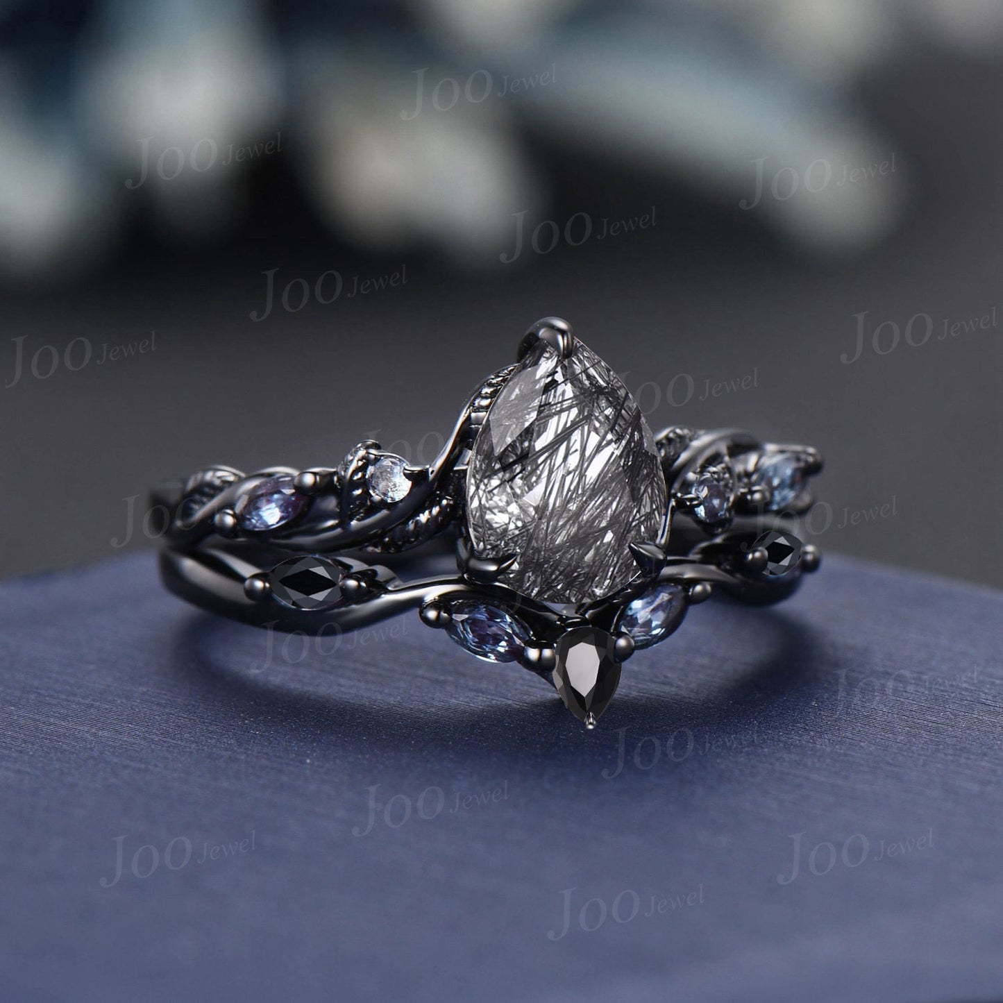 Twisted Twig Vine Natural Black Rutilated Quartz Alexandrite Ring Set Art Deco 14K Black Gold Pear Engagement Ring Leaf Black Crystal Ring