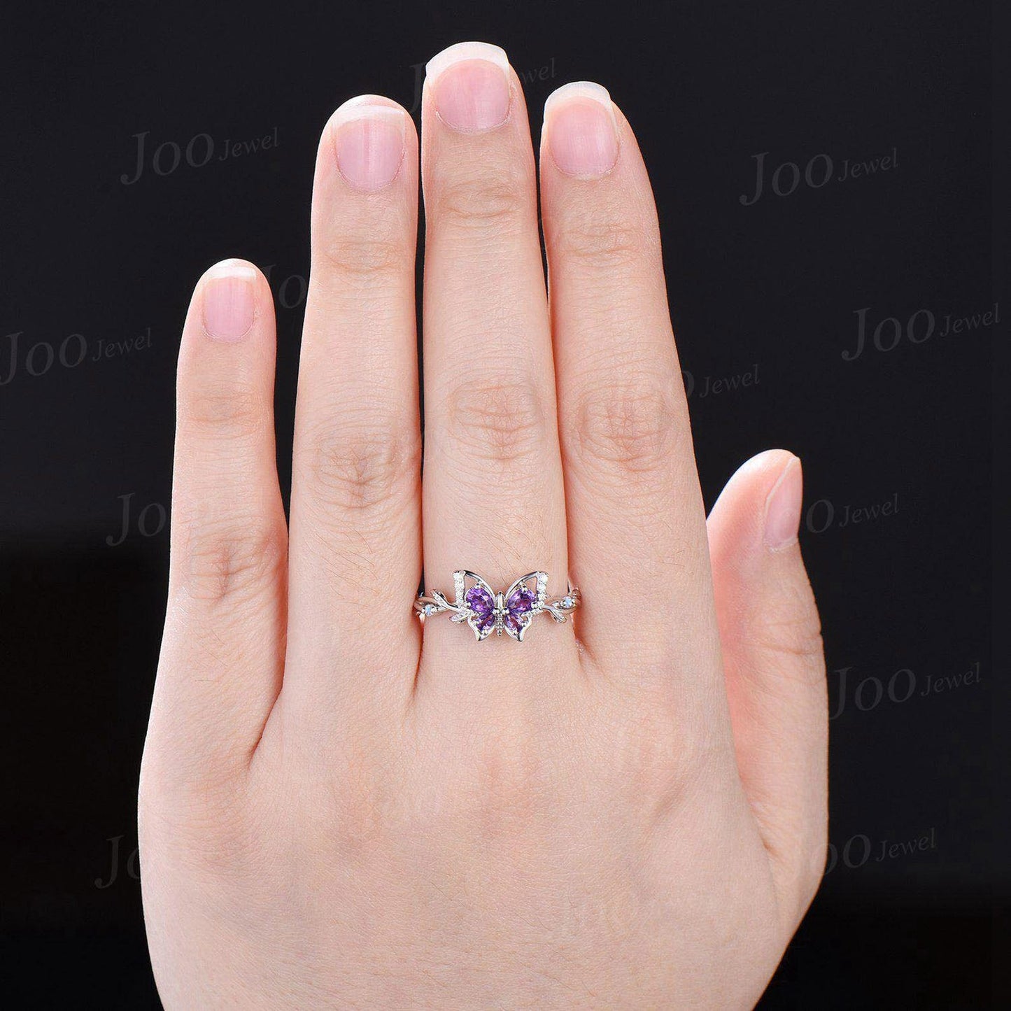 Nature Inspired Butterfly Promise Ring Pear Natural Amethyst Ring Silver Twig Vine Wedding Ring Unique February Birthstone Birthday Gifts