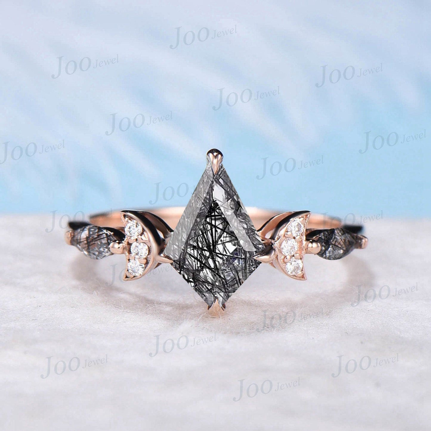 Celestial Engagement Ring Triple Moon Goddess Natural Black Rutilated Quartz Ring Rose Gold Kite Black Wedding Bridal Set Moon Phase Ring