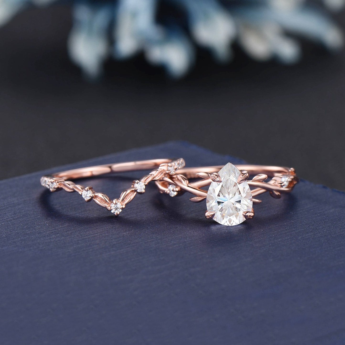 Twig Vine Moissanite Engagement Ring Set 14K Rose Gold 1.25ct Pear Lab Grown Diamond Wedding Ring Set with IGI Certificate Branch Bridal Set