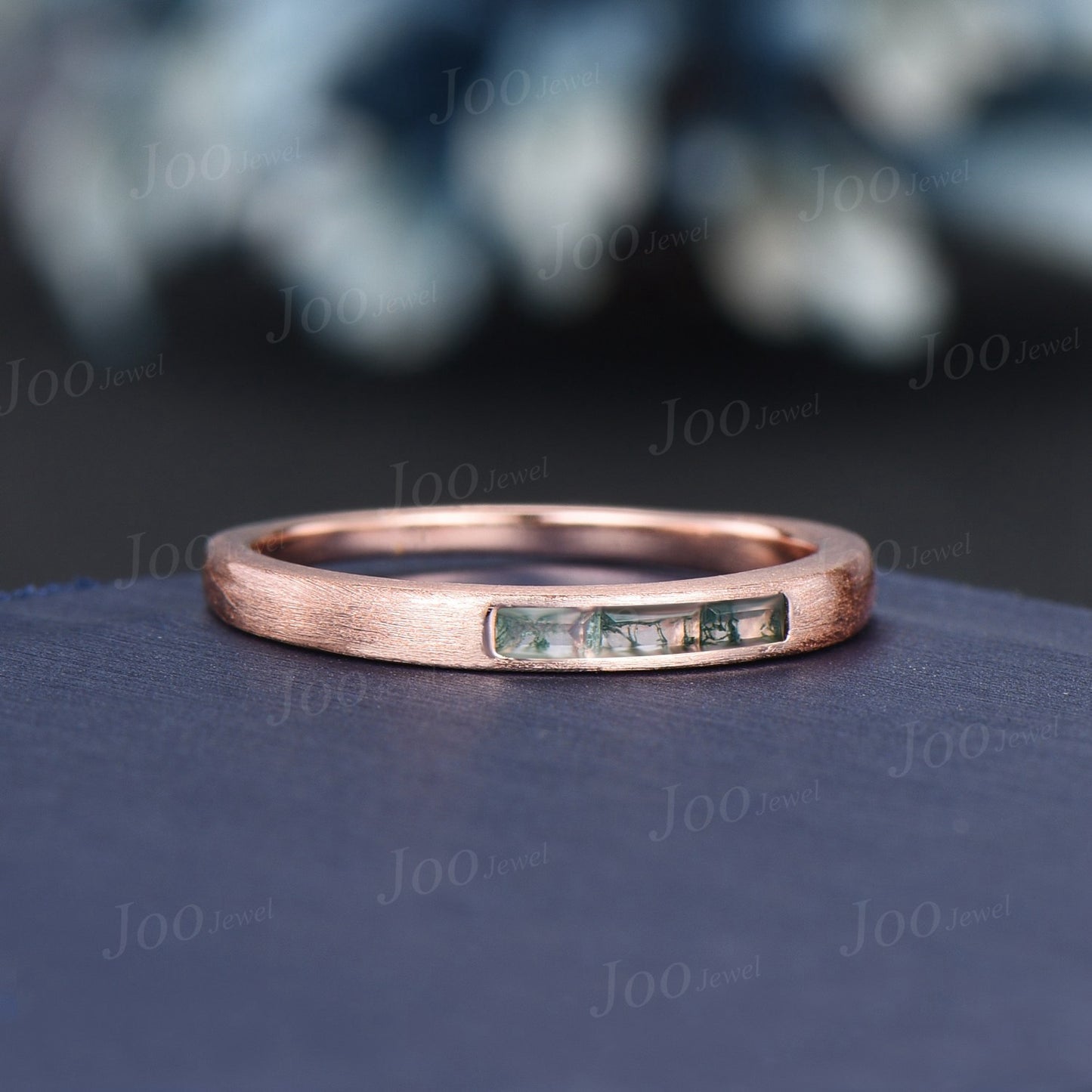 Dainty 14k Solid Rose Gold Brushed Band Ring 2.5mm Natural Baguette Moss Agate Stacking Band Promise Gift Minimalist Stackable Rings Women