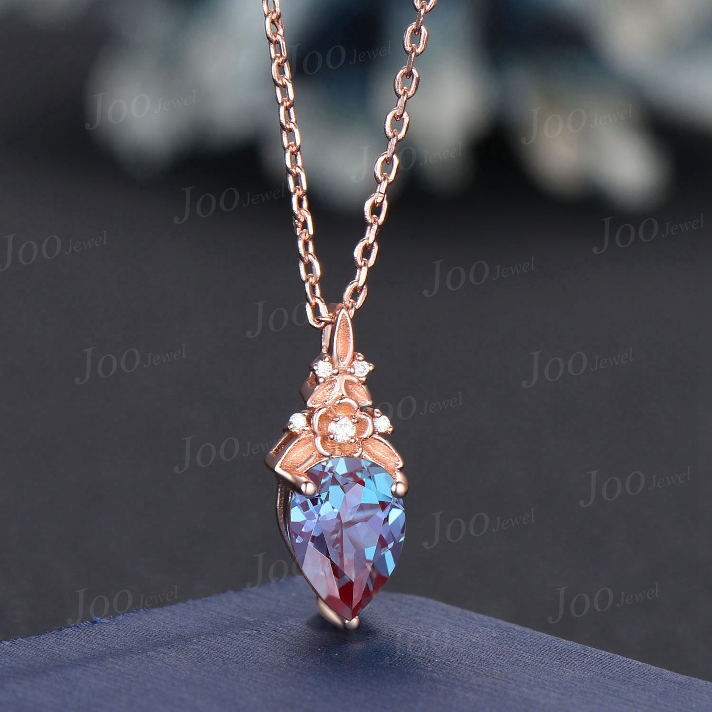 Pear Cut Color-Change Alexandrite Necklace Solid 14K Rose Gold Nature Inspired Floral Alexandrite Pendant for Women June Birthstone Gifts