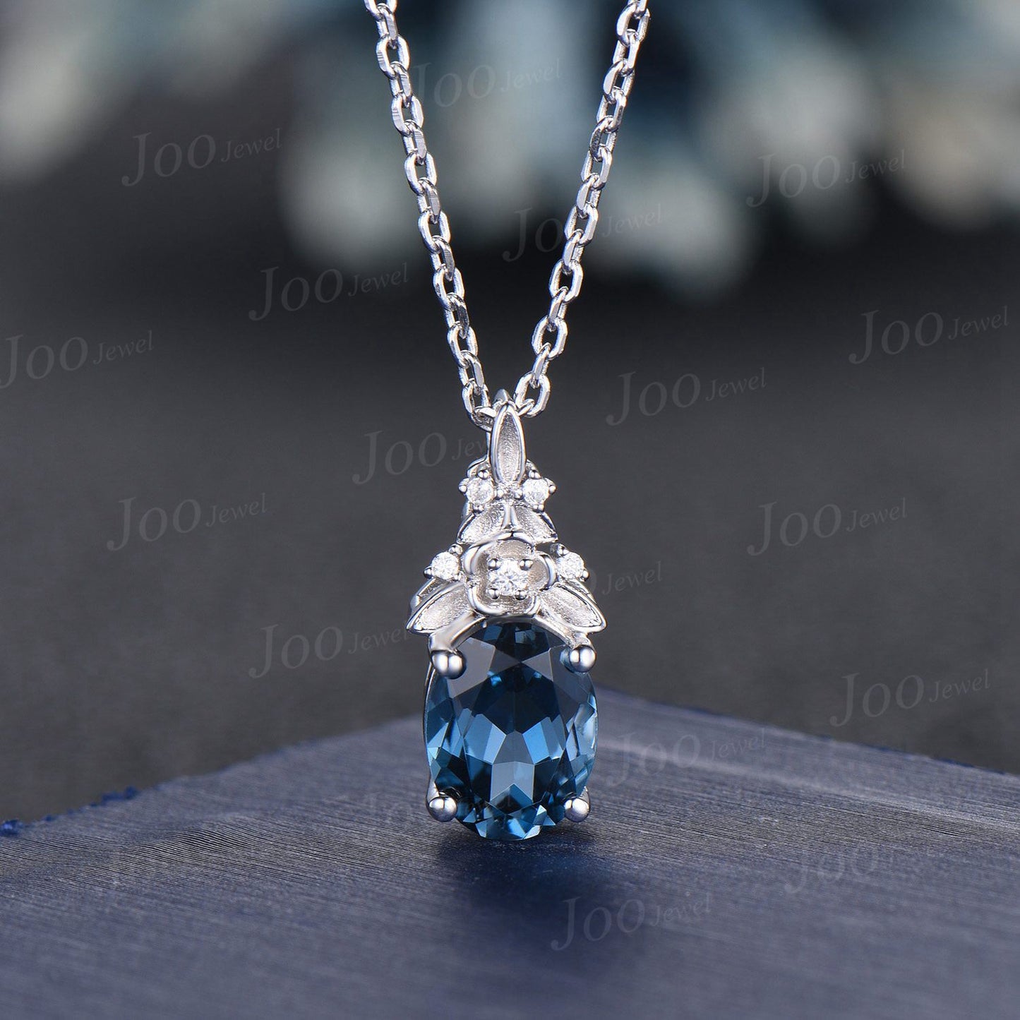 Oval Cut Natural London Blue Topaz Necklace Solid 14K Rose Gold Branch Floral Gemstone Pendant for Women Dainty December Birthstone Gifts