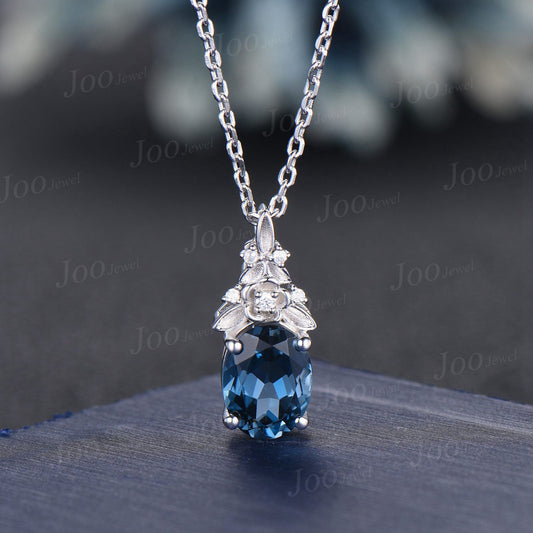 Oval Cut Natural London Blue Topaz Necklace Solid 14K Rose Gold Branch Floral Gemstone Pendant for Women Dainty December Birthstone Gifts