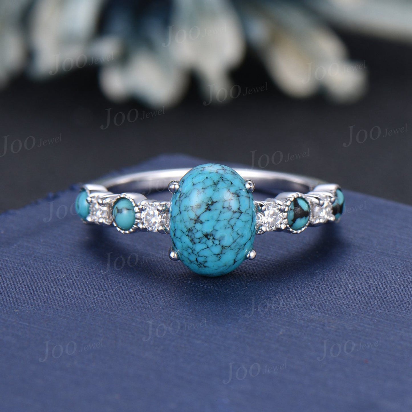 1.5ct Oval Natural Turquoise Engagement Ring Half Eternity Moissanite Cluster Turquoise Stacking Ring 10K Rose Gold Turquoise Wedding Ring
