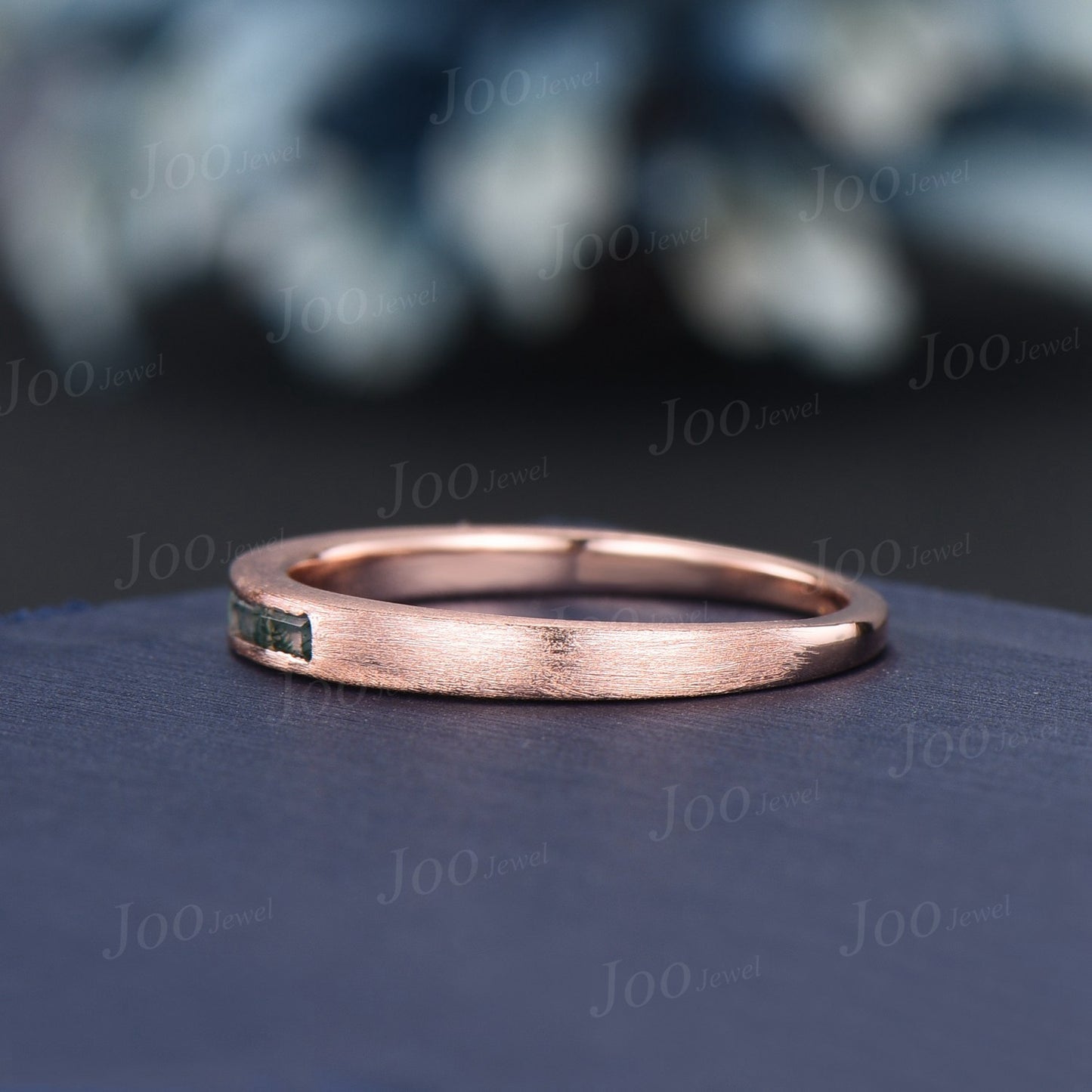 Dainty 14k Solid Rose Gold Brushed Band Ring 2.5mm Natural Baguette Moss Agate Stacking Band Promise Gift Minimalist Stackable Rings Women