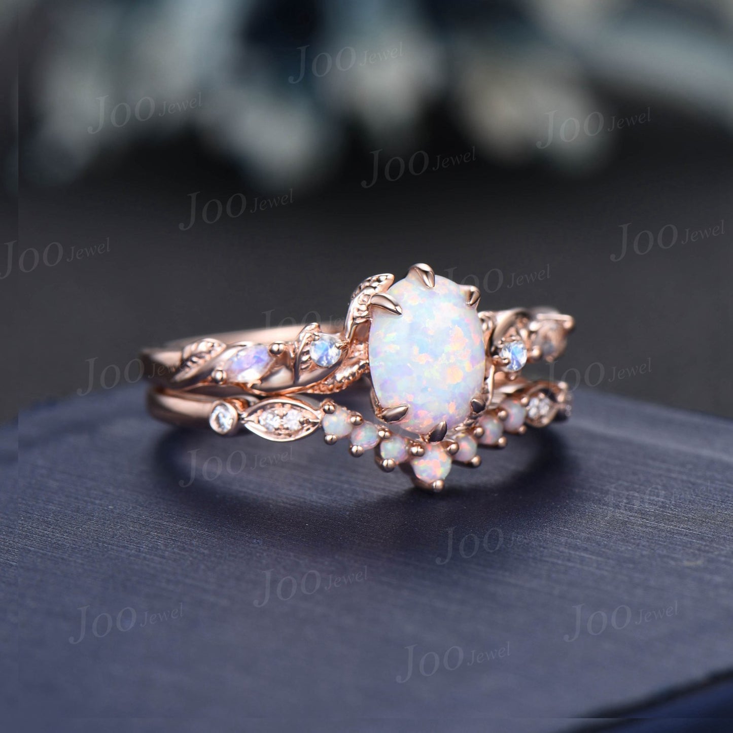 Twig Branch White Opal Ring Set 10K Rose Gold 1.5ct Oval Cut Nature Opal Moonstone Engagement Ring Opal Wedding Band October Birthstone Gift