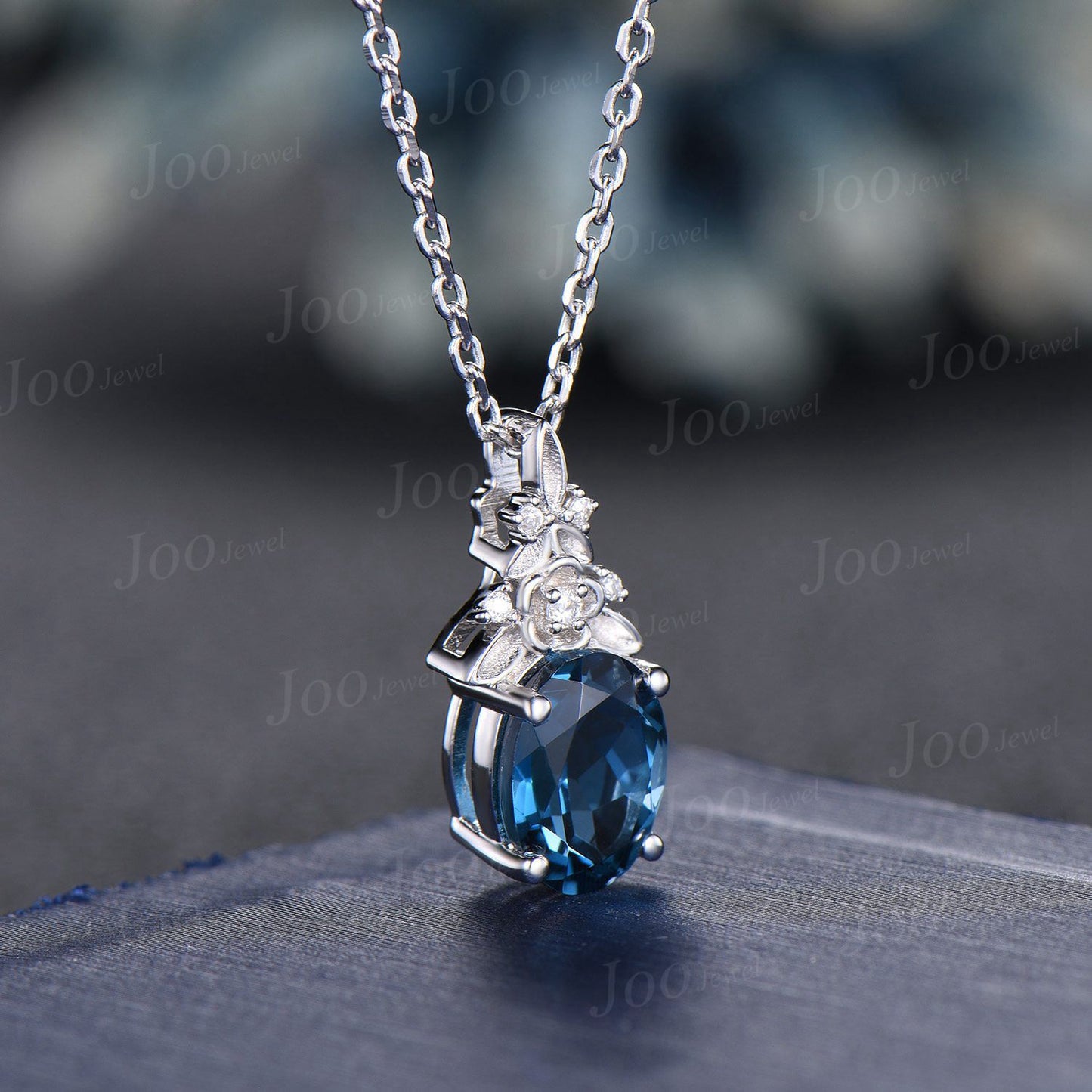 Oval Cut Natural London Blue Topaz Necklace Solid 14K Rose Gold Branch Floral Gemstone Pendant for Women Dainty December Birthstone Gifts