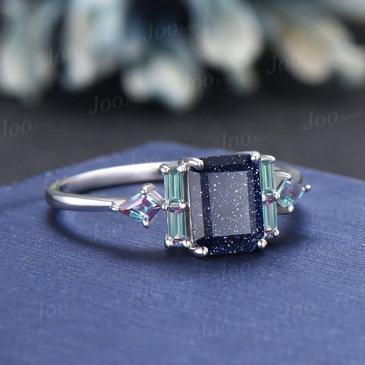 2CT Emerald Cut Galaxy Starry Sky Blue Sandstone Engagement Ring Blue Goldstone Wedding Ring Art Deco Baguette Kite Alexandrite Promise Ring