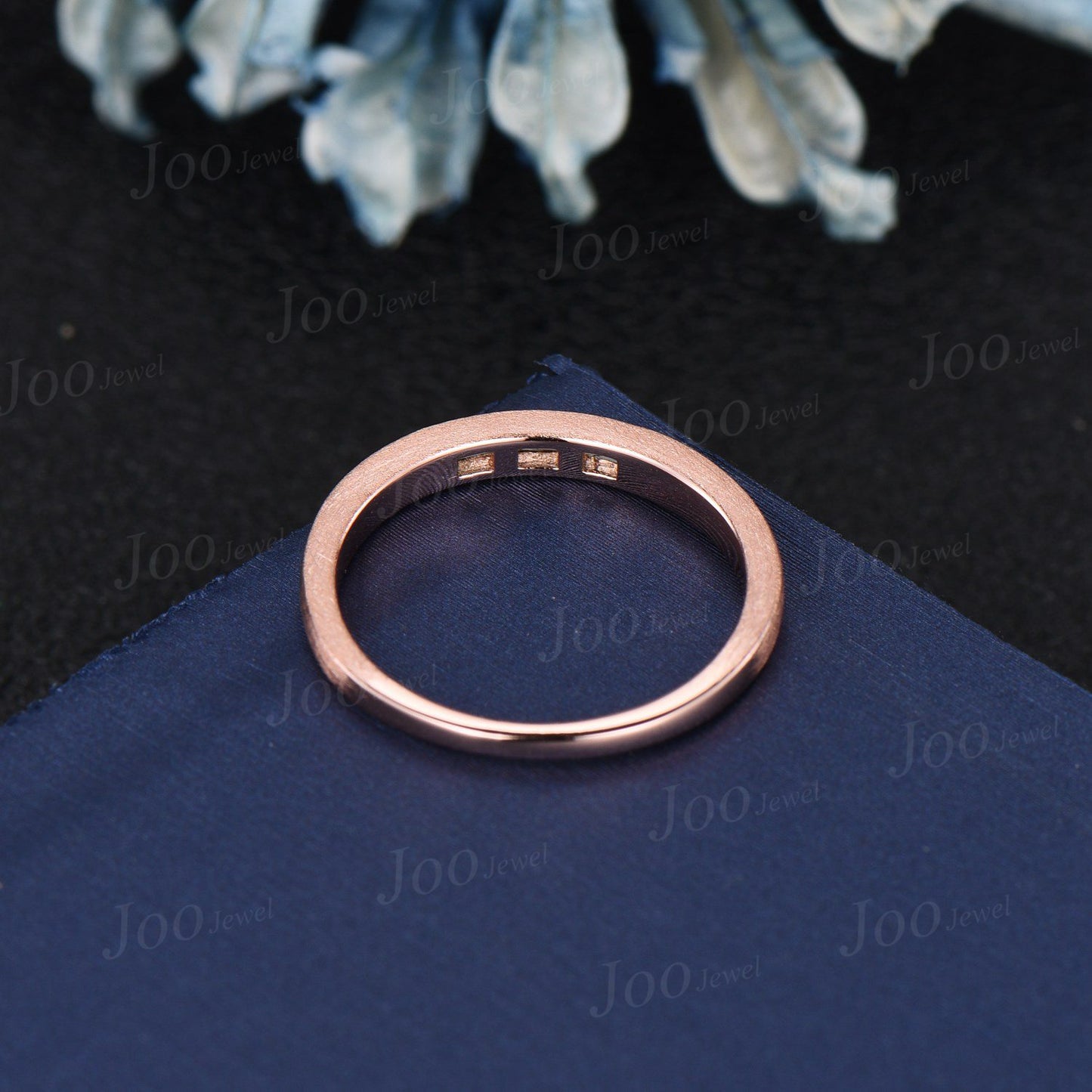 Dainty 14k Solid Rose Gold Brushed Band Ring 2.5mm Natural Baguette Moss Agate Stacking Band Promise Gift Minimalist Stackable Rings Women