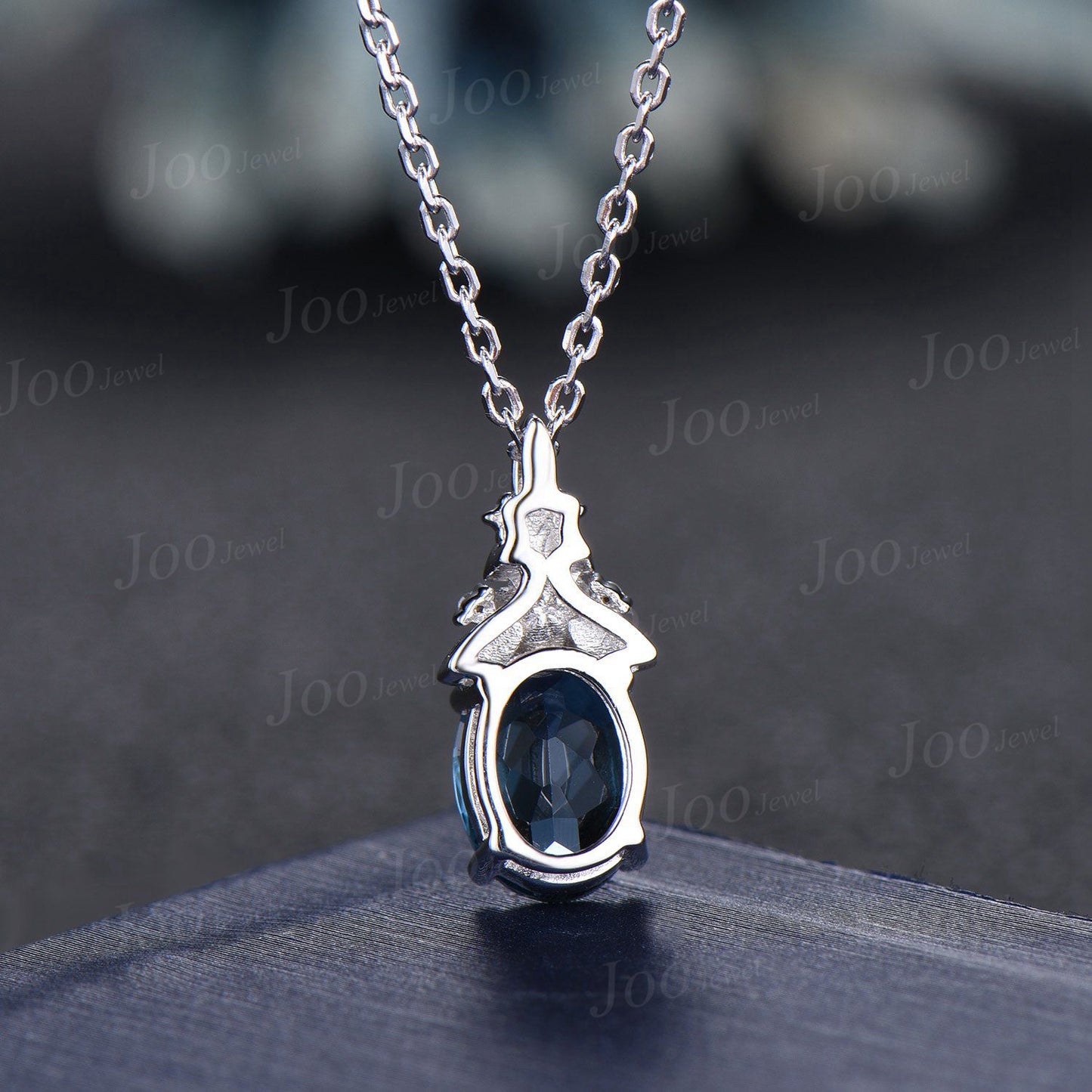 Oval Cut Natural London Blue Topaz Necklace Solid 14K Rose Gold Branch Floral Gemstone Pendant for Women Dainty December Birthstone Gifts