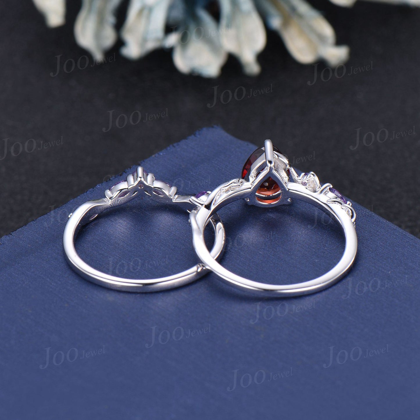 Twig Vine Natural Garnet Amethyst Black Gold Bridal Set January Birthstone 1.25ct Pear Nature Inspired Garnet Ring Red Crystal Wedding Ring