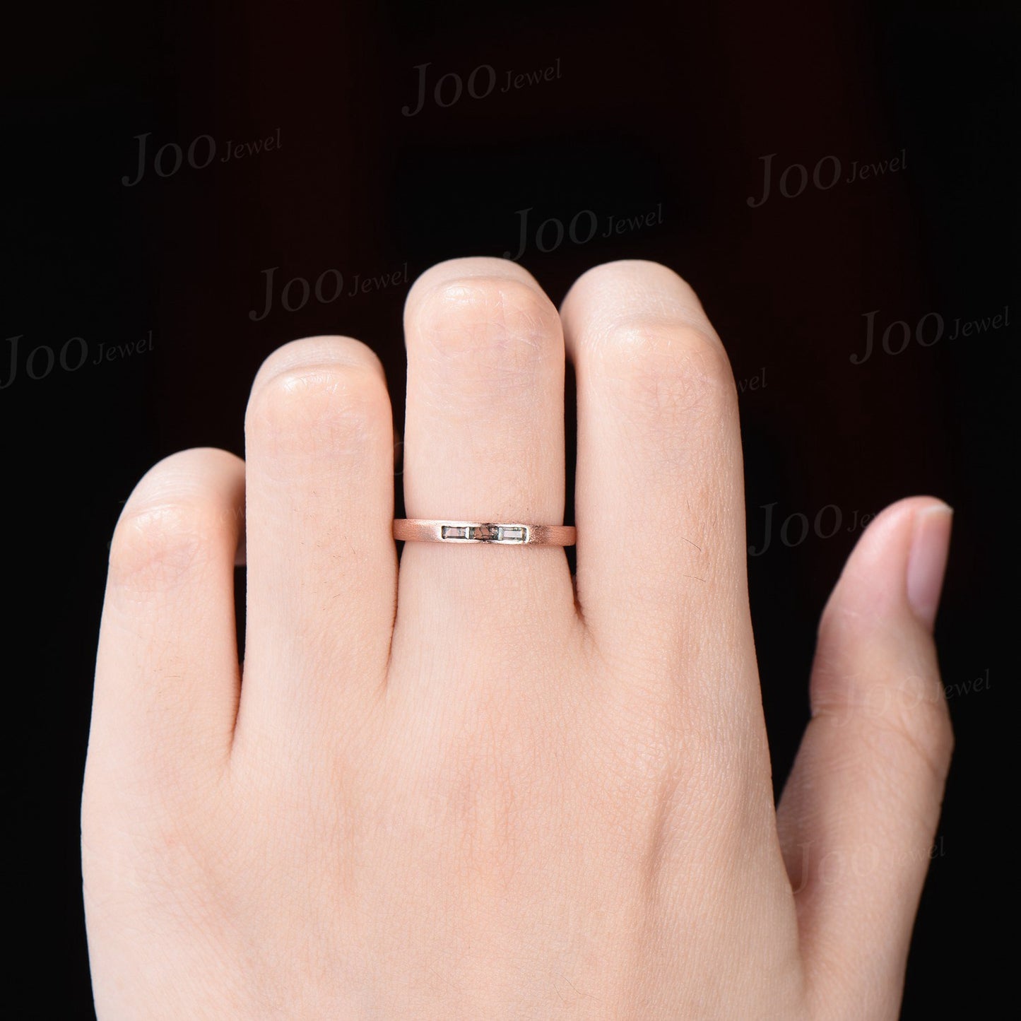 Dainty 14k Solid Rose Gold Brushed Band Ring 2.5mm Natural Baguette Moss Agate Stacking Band Promise Gift Minimalist Stackable Rings Women