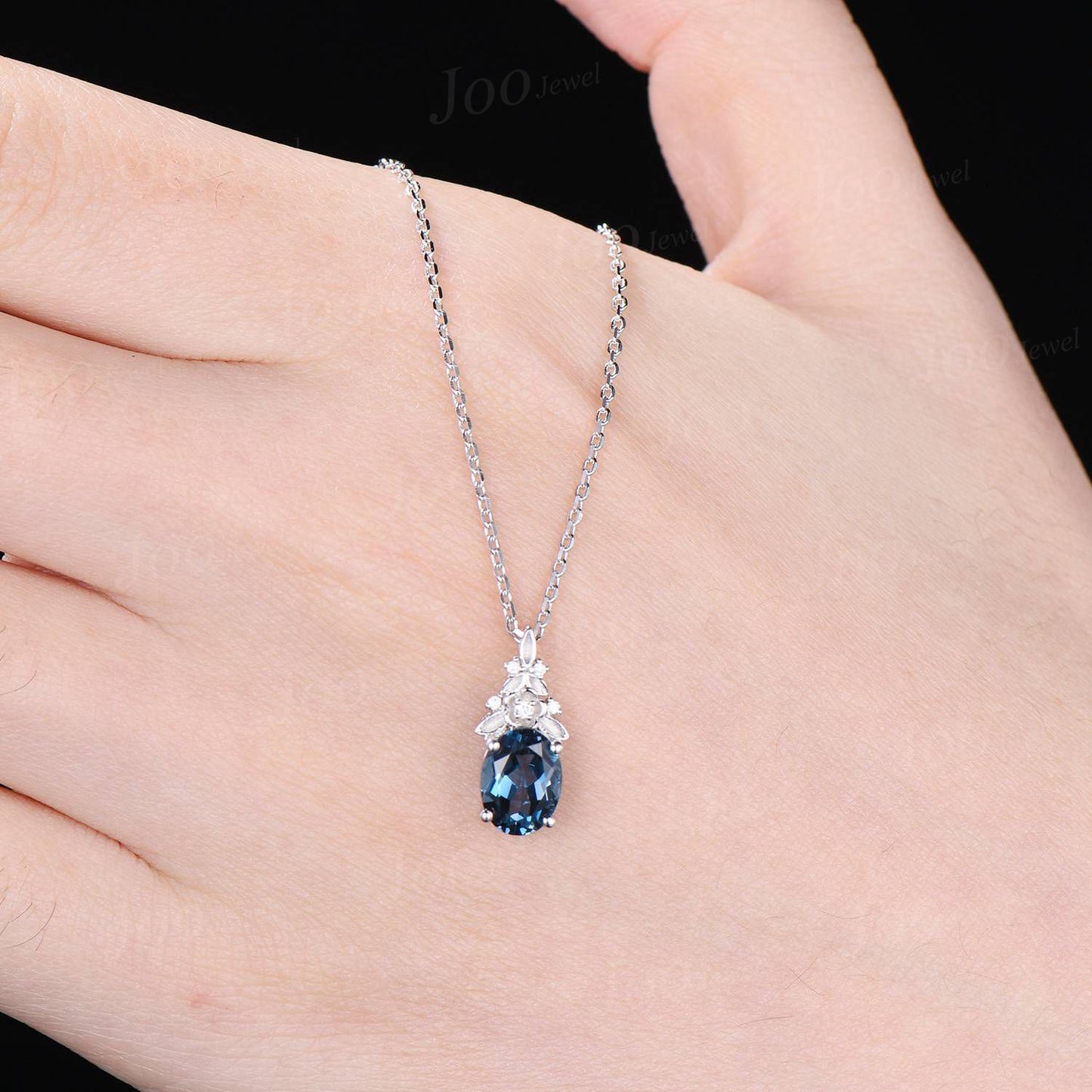 Oval Cut Natural London Blue Topaz Necklace Solid 14K Rose Gold Branch Floral Gemstone Pendant for Women Dainty December Birthstone Gifts