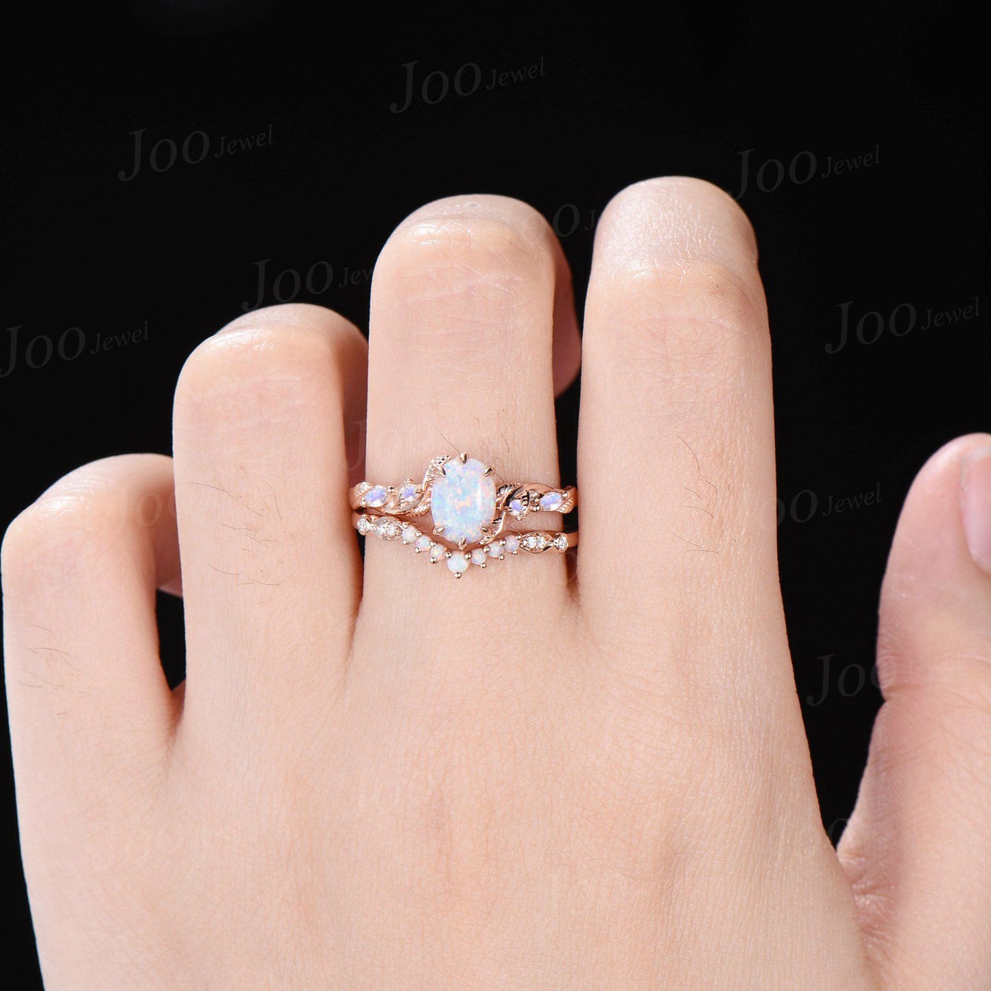 Twig Branch White Opal Ring Set 10K Rose Gold 1.5ct Oval Cut Nature Opal Moonstone Engagement Ring Opal Wedding Band October Birthstone Gift