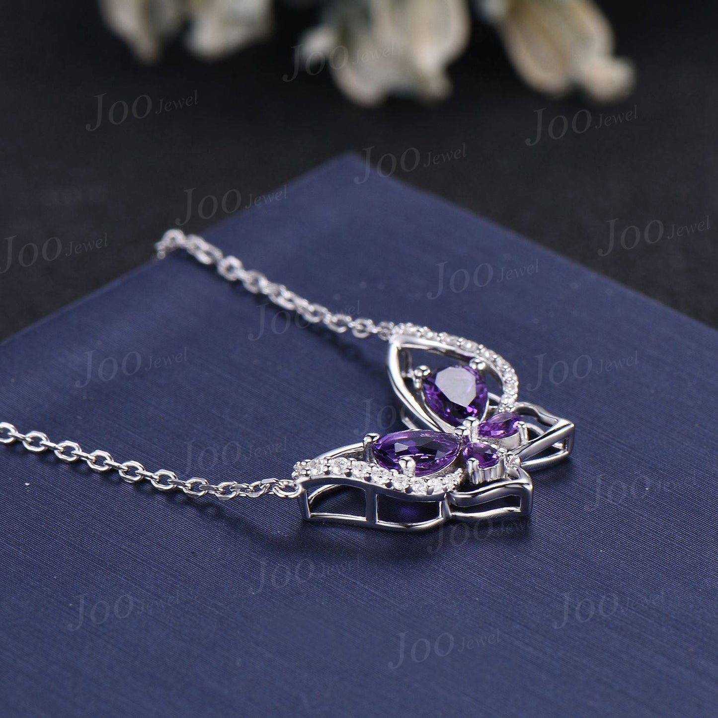 Pear Natural Amethyst Butterfly Necklace 14K Rose Gold Vintage Purple Crystal Pendant Unique February Birthstone Birthday Gifts For Daughter