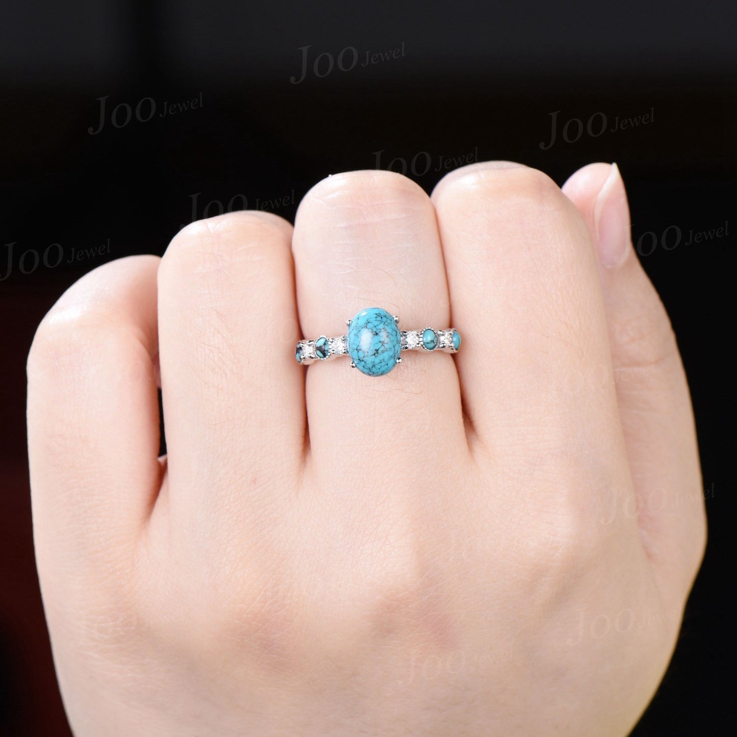 1.5ct Oval Natural Turquoise Engagement Ring Half Eternity Moissanite Cluster Turquoise Stacking Ring 10K Rose Gold Turquoise Wedding Ring