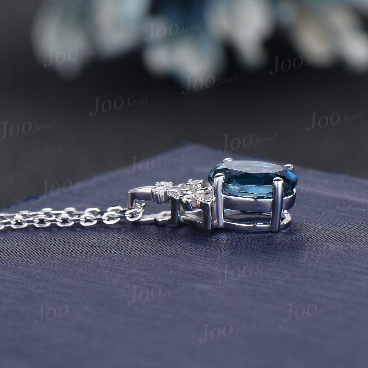 Oval Cut Natural London Blue Topaz Necklace Solid 14K Rose Gold Branch Floral Gemstone Pendant for Women Dainty December Birthstone Gifts