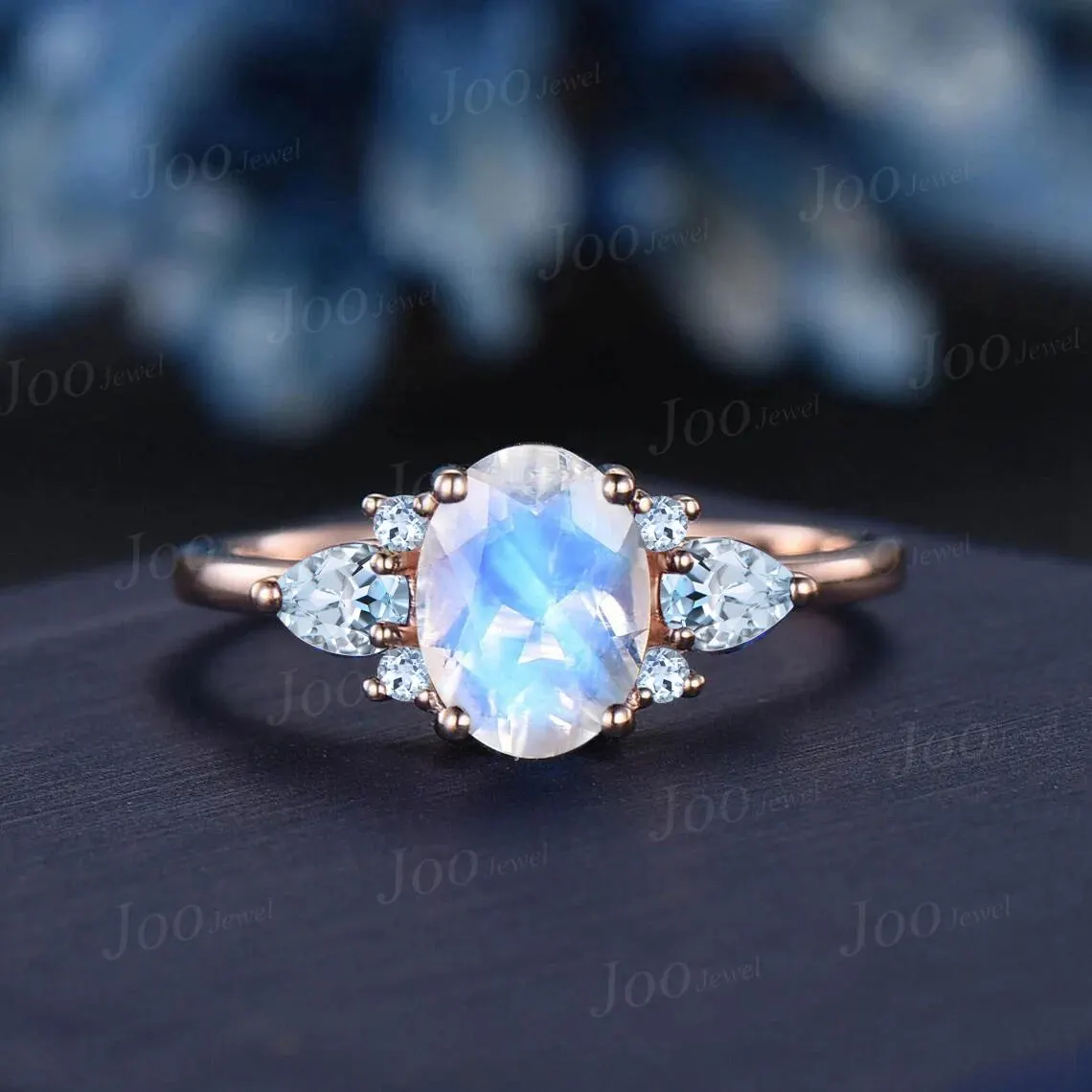 1.5ct Oval Natural Blue Moonstone Engagement Ring Vintage Color-Change Pear Alexandrite Wedding Ring June Birthstone Birthday/Promise Gifts
