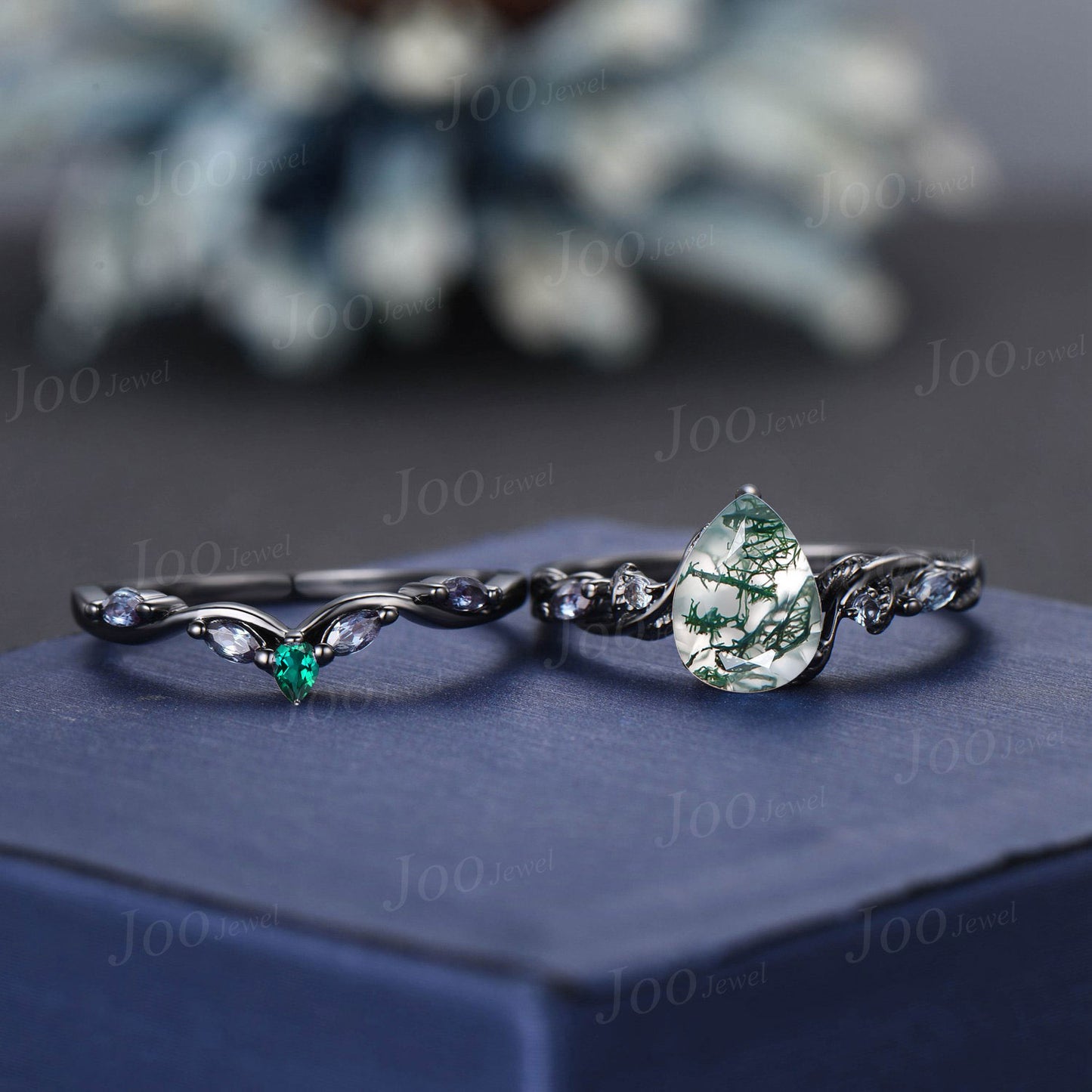 Black Gold Natural Moss Agate Engagement Ring Set 1.25ct Twig Vine Pear Moss Agate Alexandrite Emerald Wedding Ring Goth Black Promise Ring