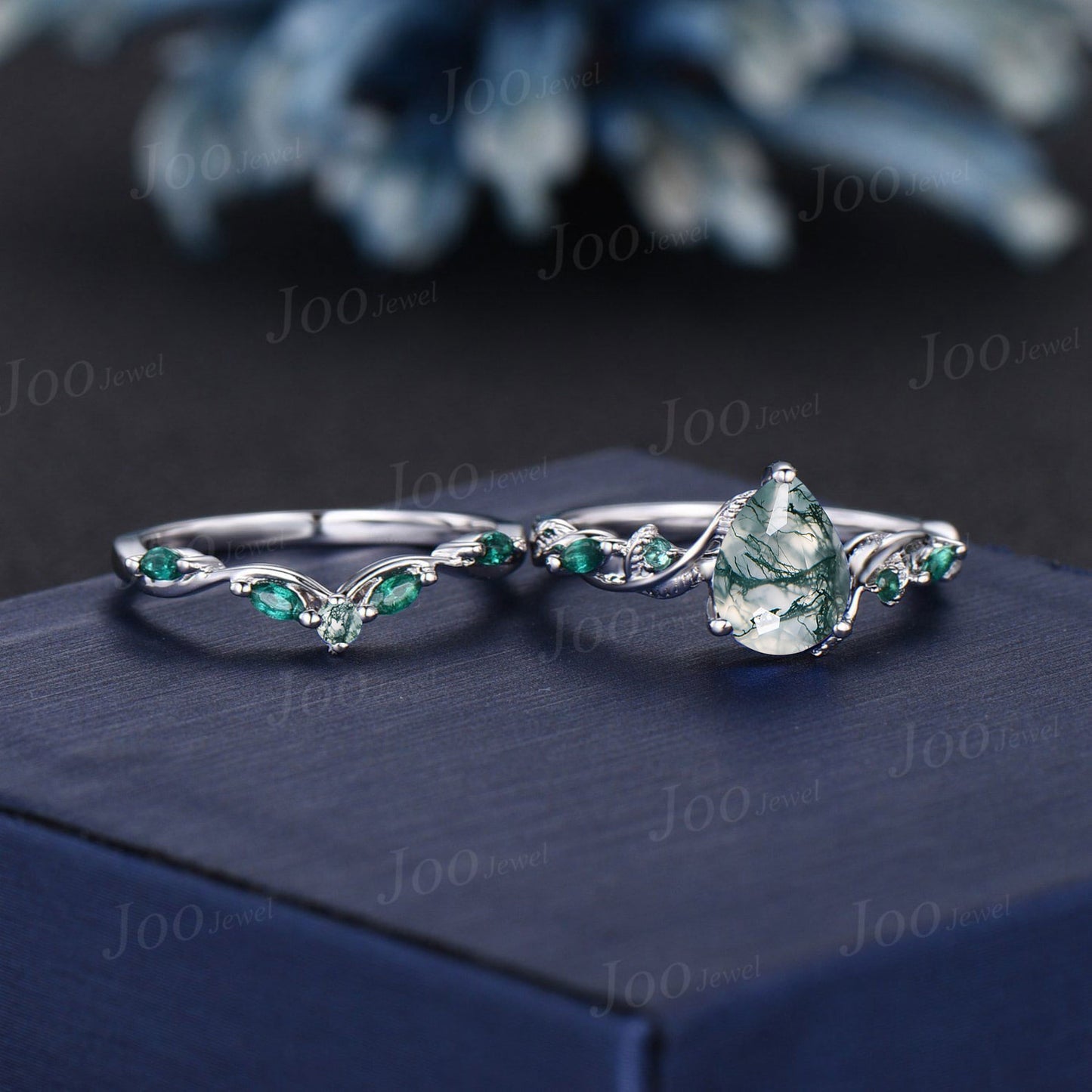 Twisted Twig Vine Pear Green Moss Agate Emerald Engagement Ring Set 14K White Gold Antique Vintage Nature Inspired Agate Promise Ring Women