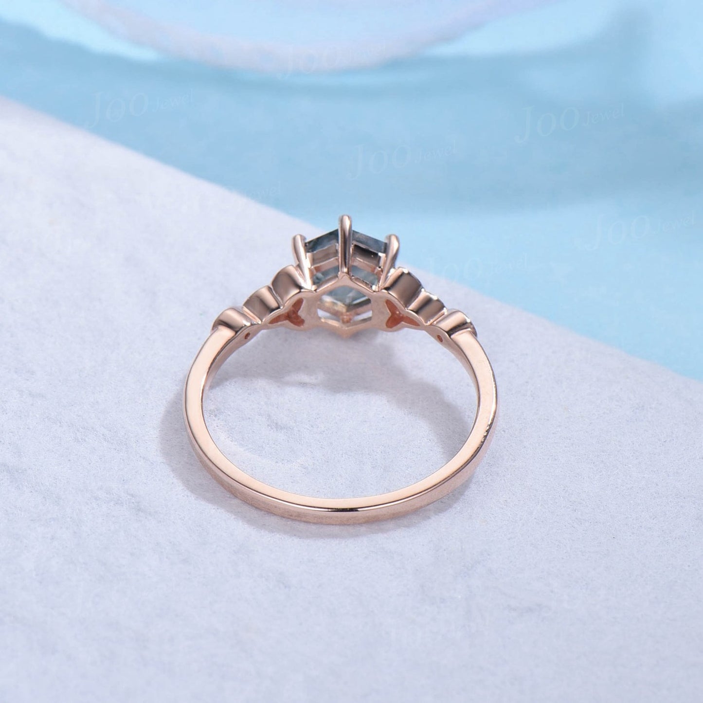 Vintage Oval Natural Green Moss Agate Emerald Engagement Ring Rose Gold Twig Leaf Floral Antique Unique Cluster Diamond Bridal Wedding Ring