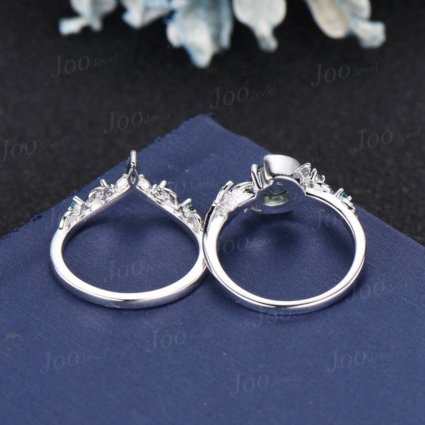 Nature Inspired Natural Green Moss Agate Emerald Ring Set Vintage 5mm Round Moss Agate Moon Engagement Ring Leaf Branch Bypass Wedding Ring