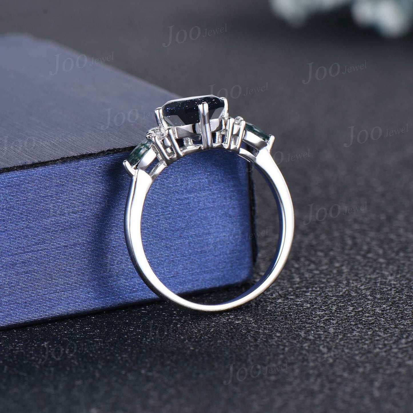 Cat Engagement Ring 1.2ct Galaxy Blue Goldstone Emerald Agate Ring Sterling Silver Round Cut Promise Wedding Ring Gifts for Kitten Cat Lover
