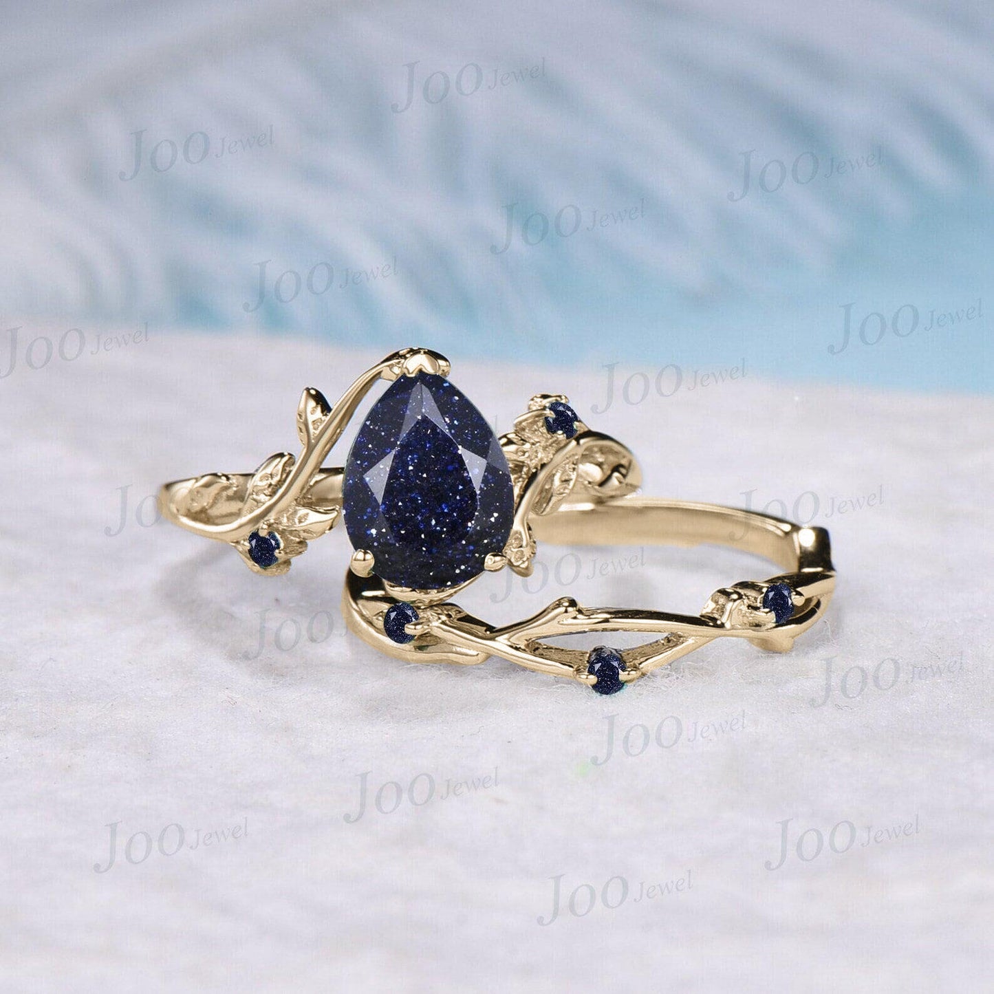 1.25ct Nature Inspired Pear Shaped Galaxy Blue Sandstone Ring Set Leaf Twig Ring Set Blue Goldstone Vine Wedding Band Unique Engagement Gift